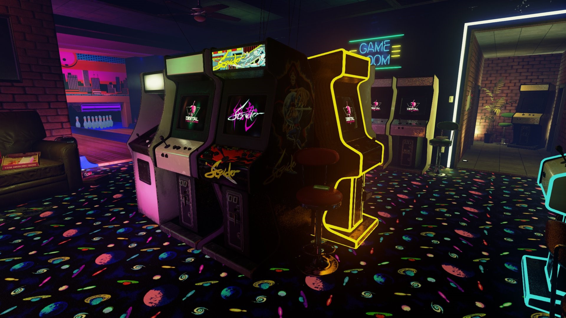 Retro arcade game room with bowling alley HD Wallpaper