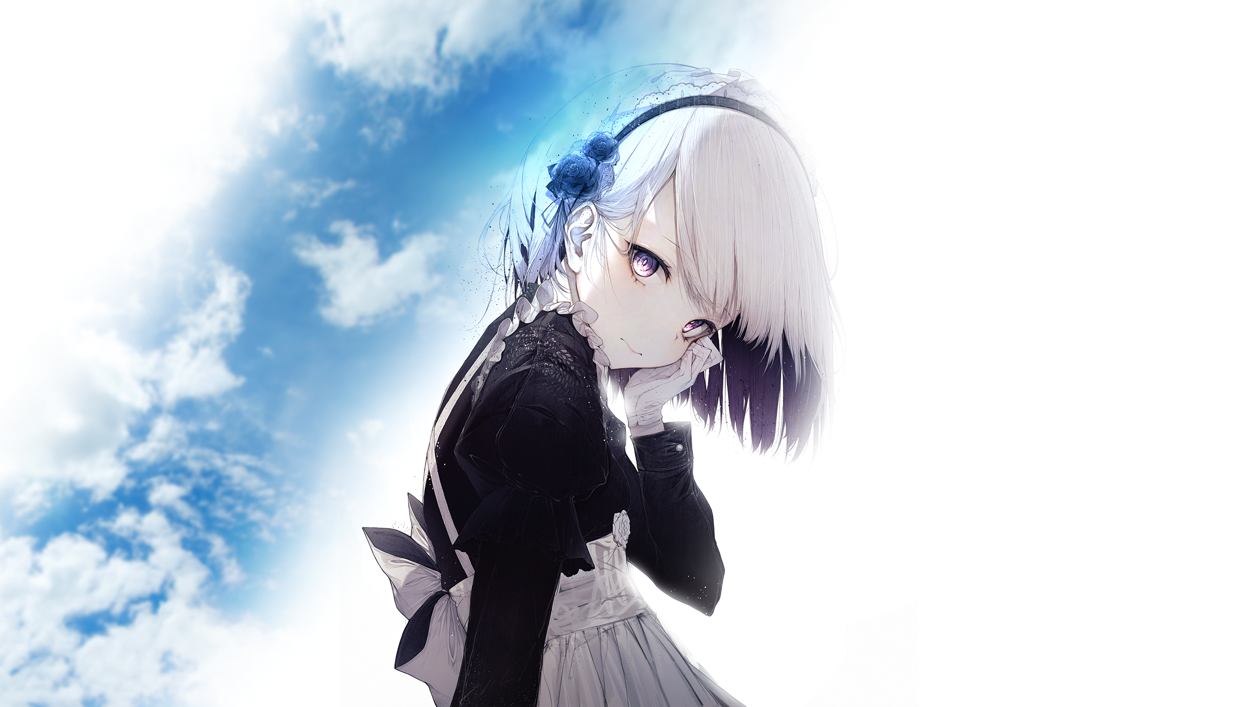 Maid girl with white hair and purple eyes HD Wallpaper