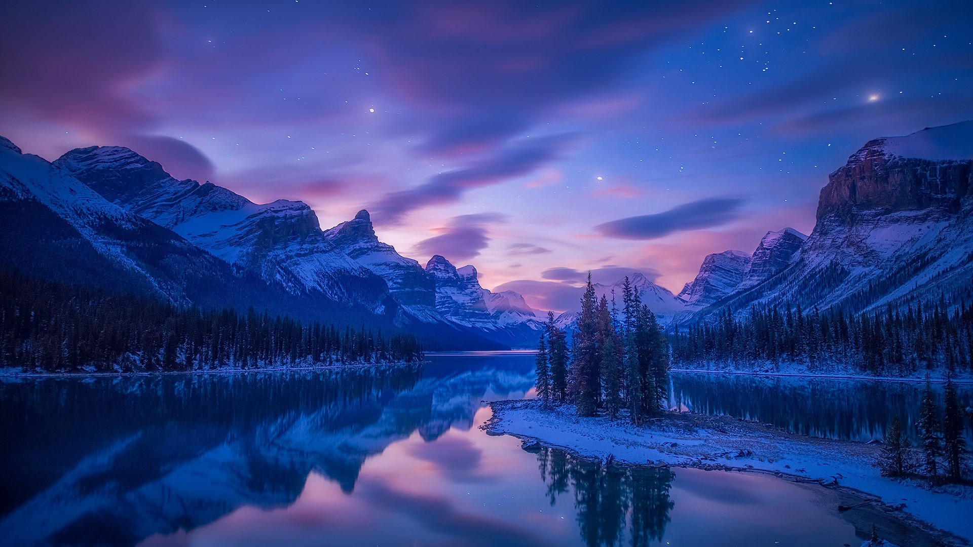 Snowy mountains and lake at twilight with stars HD Wallpaper