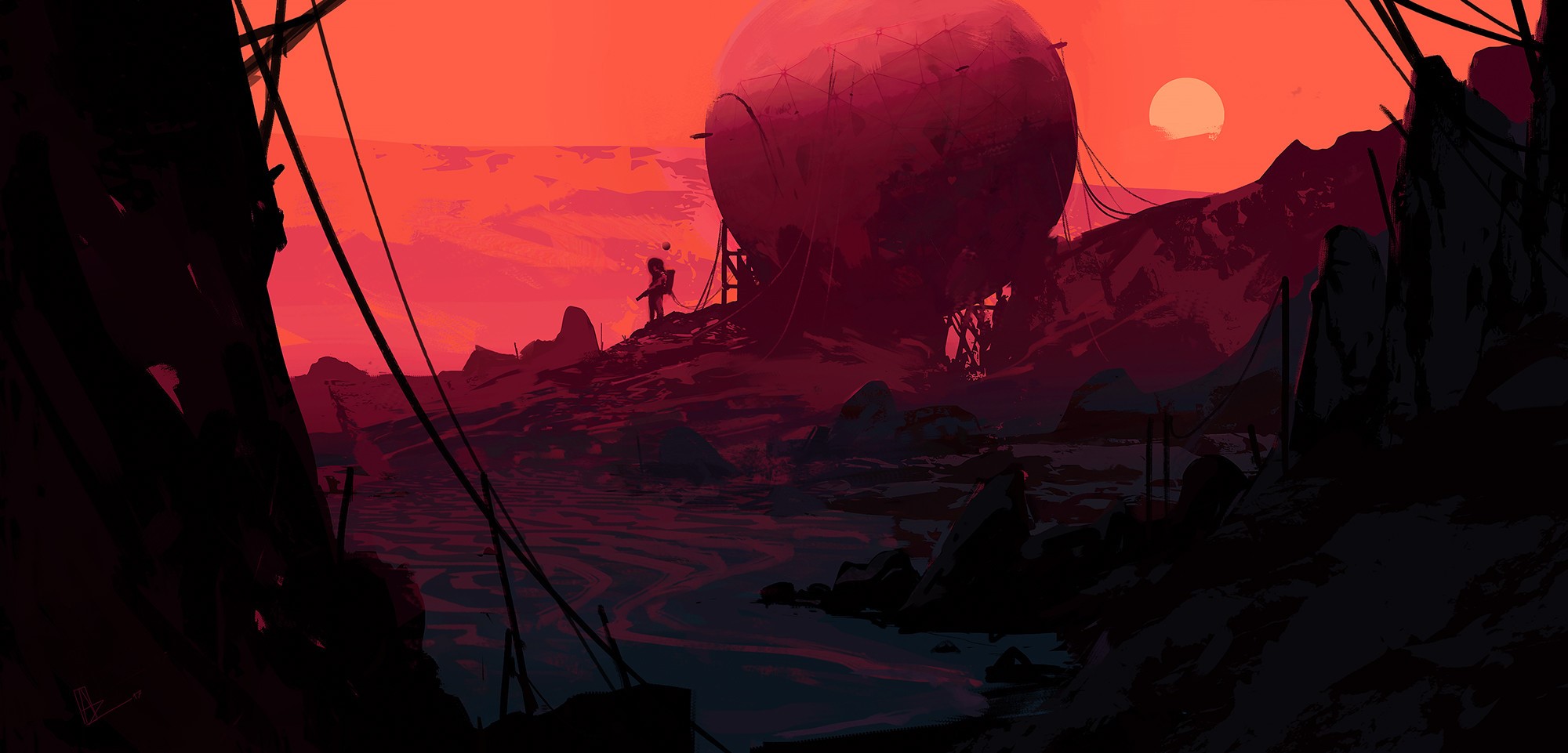 Futuristic landscape with a large balloon and a lone figure HD Wallpaper