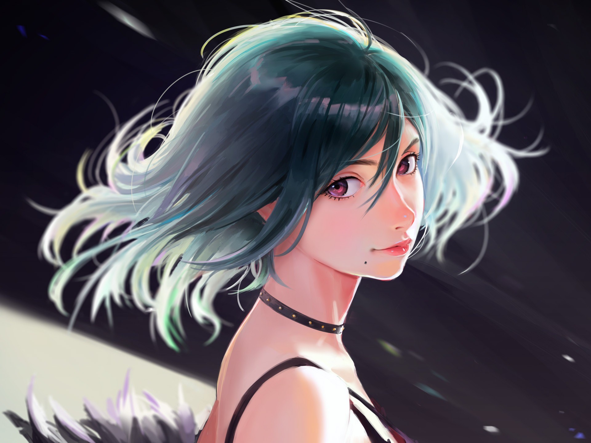 Anime girl with teal and white hair, portrait HD Wallpaper