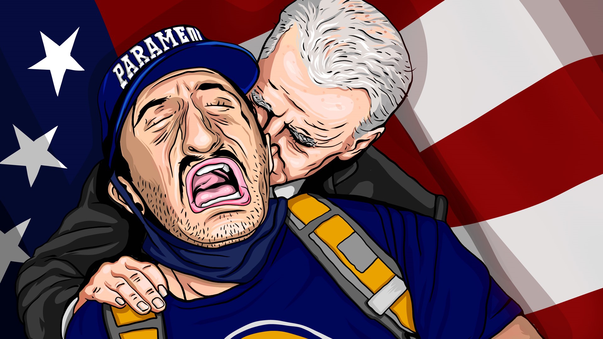 Joe Biden sniffing a paramedic in front of the USA flag HD Wallpaper