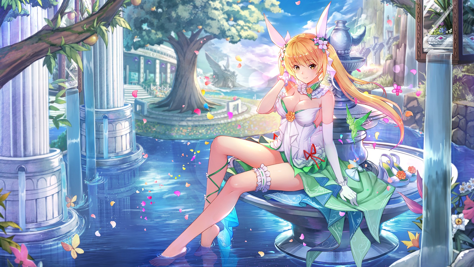 Anime girl with blonde hair and bunny ears in a garden HD Wallpaper