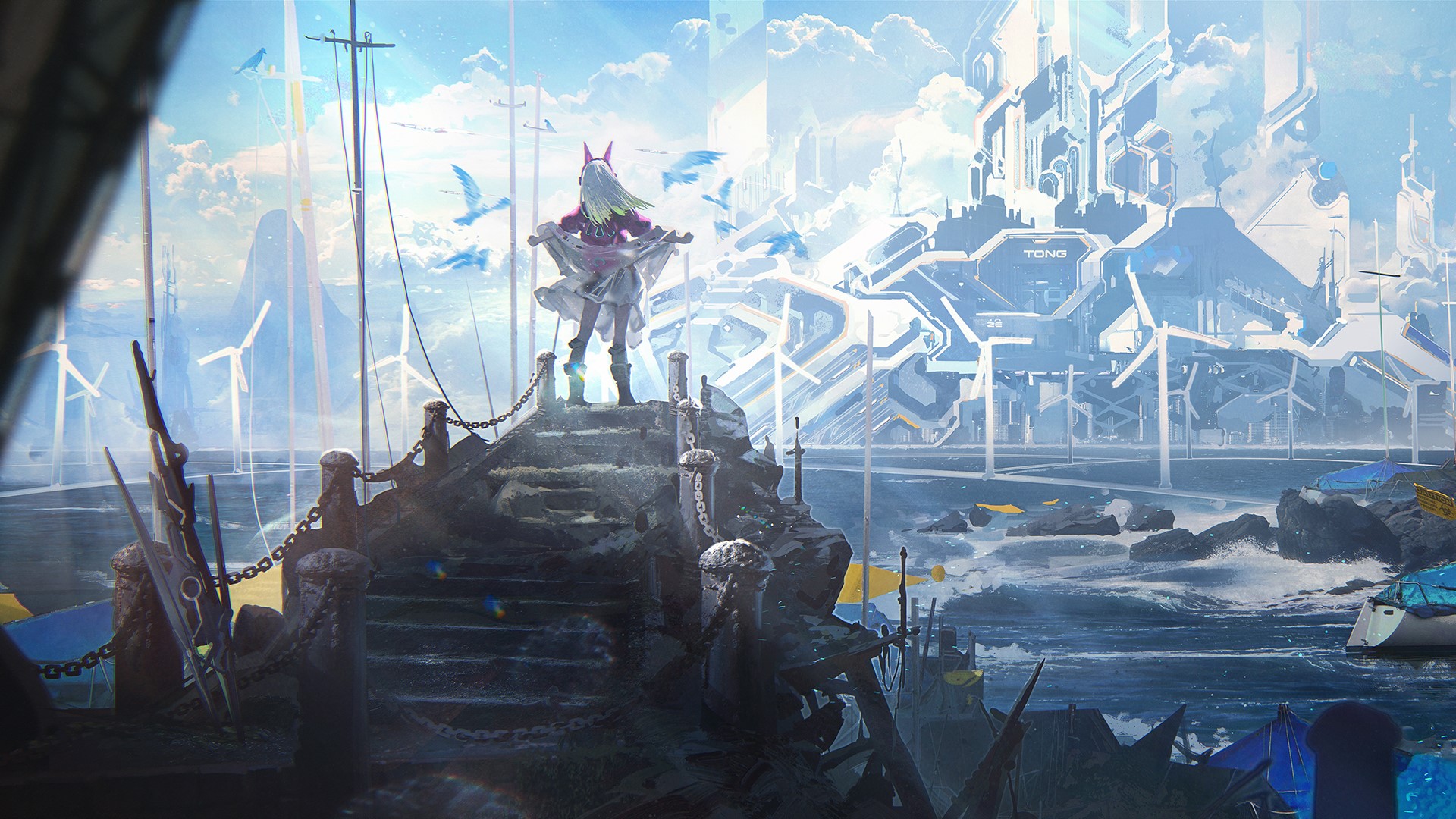 Anime girl with white hair on stairs overlooking futuristic city HD Wallpaper