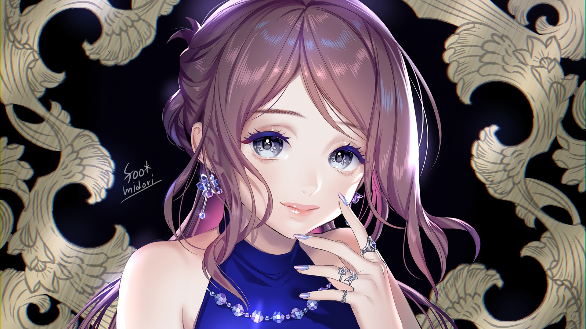 Anime girl with long purple hair and blue eyes HD Wallpaper