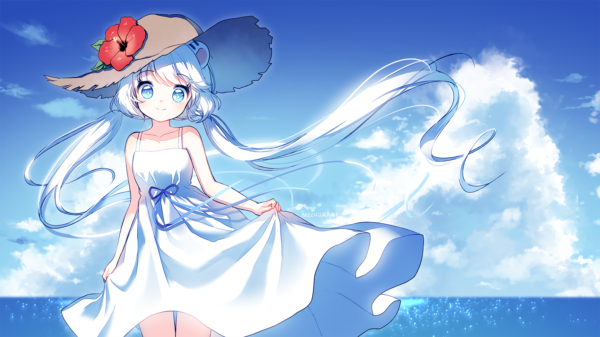 Anime girl in white dress and hat at the beach HD Wallpaper