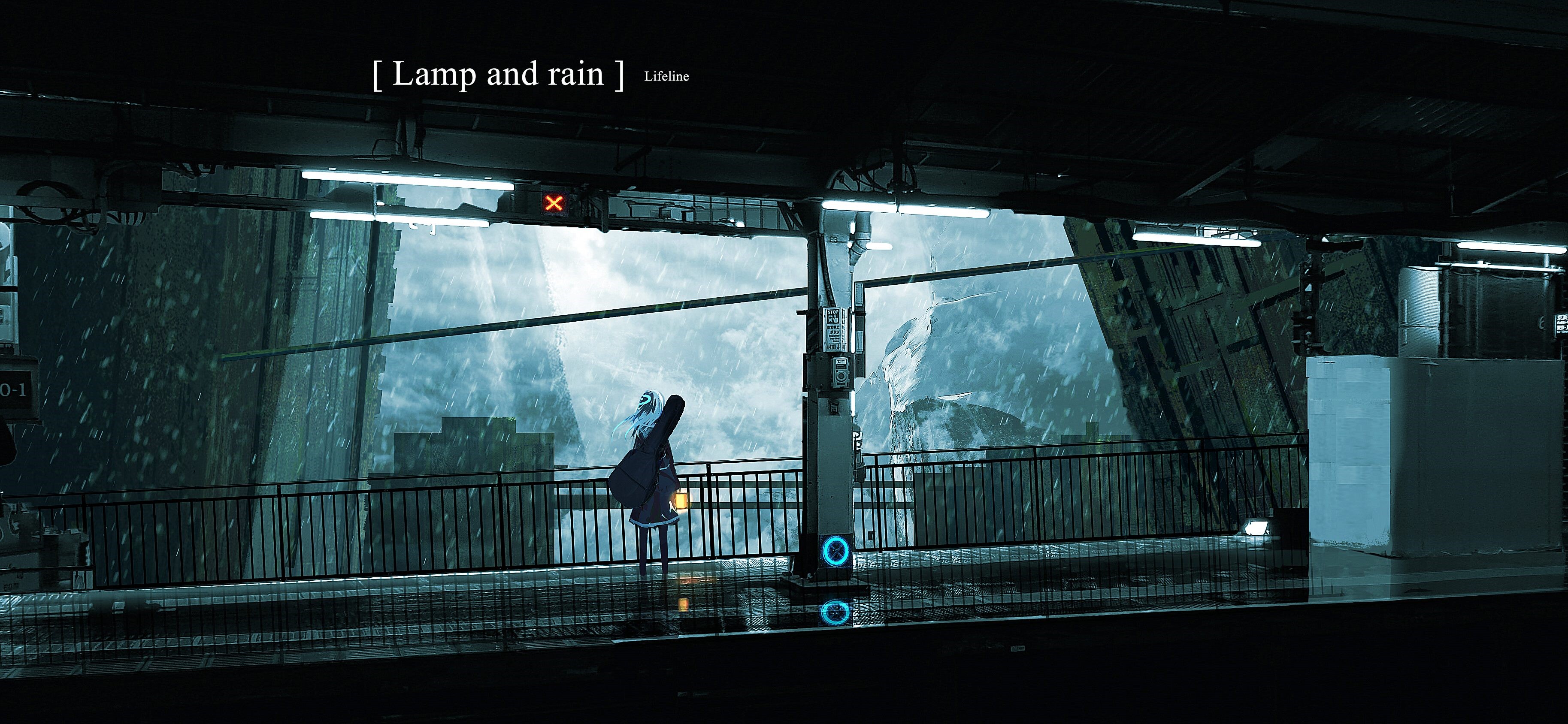 Anime girl with guitar case on train platform in rain HD Wallpaper