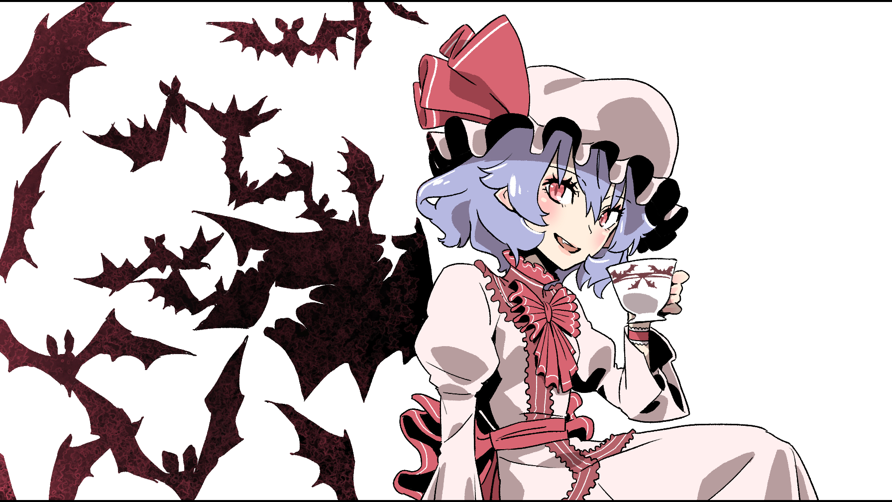 Remilia Scarlet from Touhou holding a teacup with bats HD Wallpaper