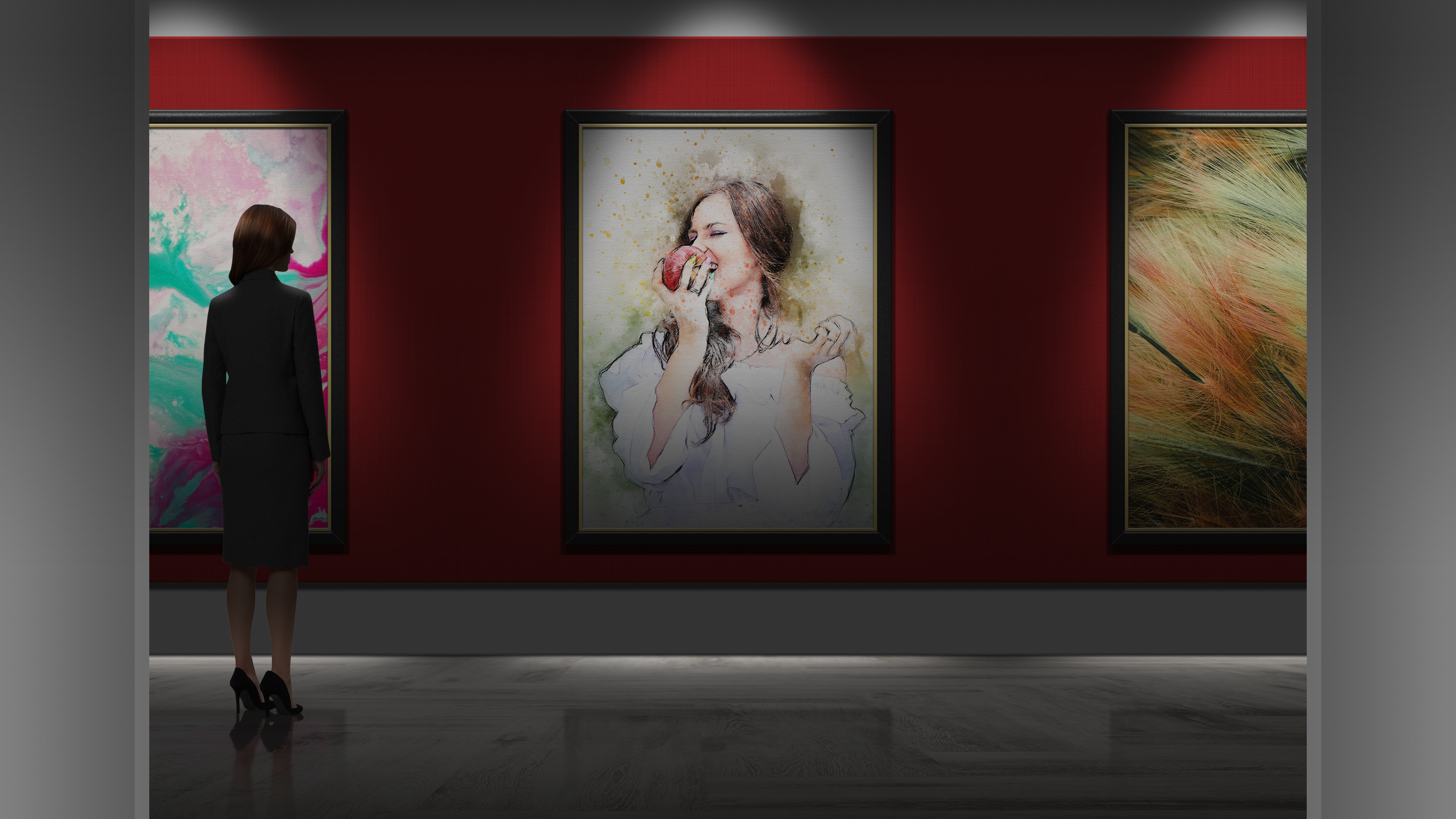 Woman in art gallery looking at paintings HD Wallpaper