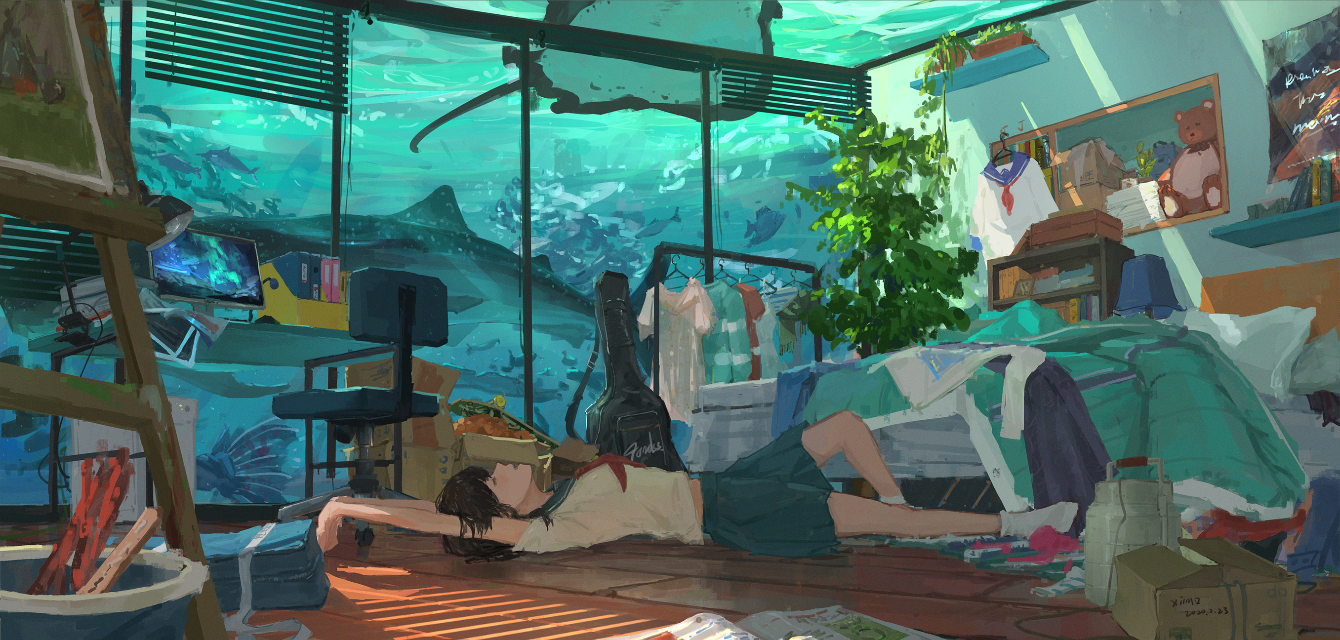 Anime girl in sailor uniform lying on floor in underwater room HD Wallpaper