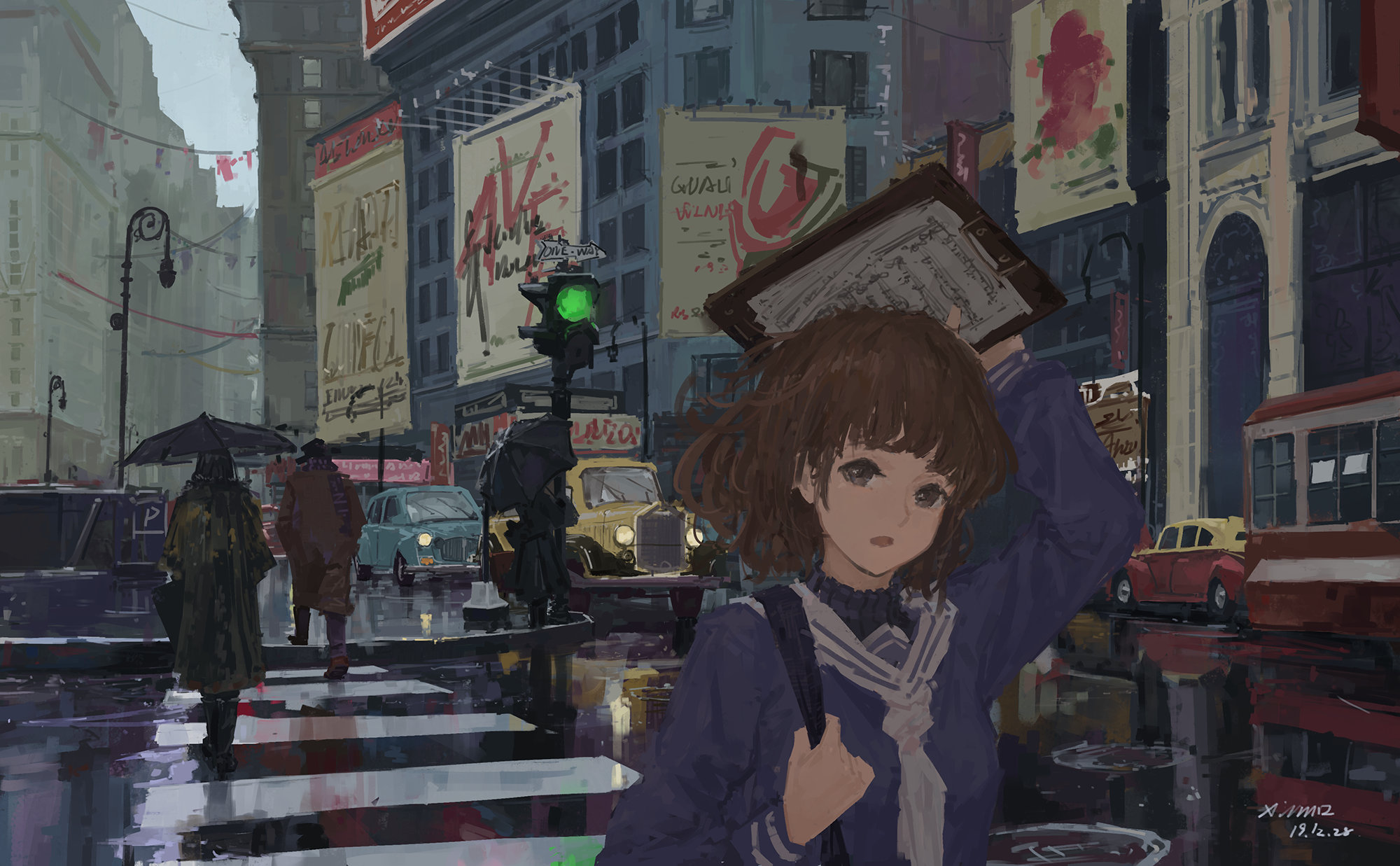 Anime girl with clipboard in rainy city street HD Wallpaper