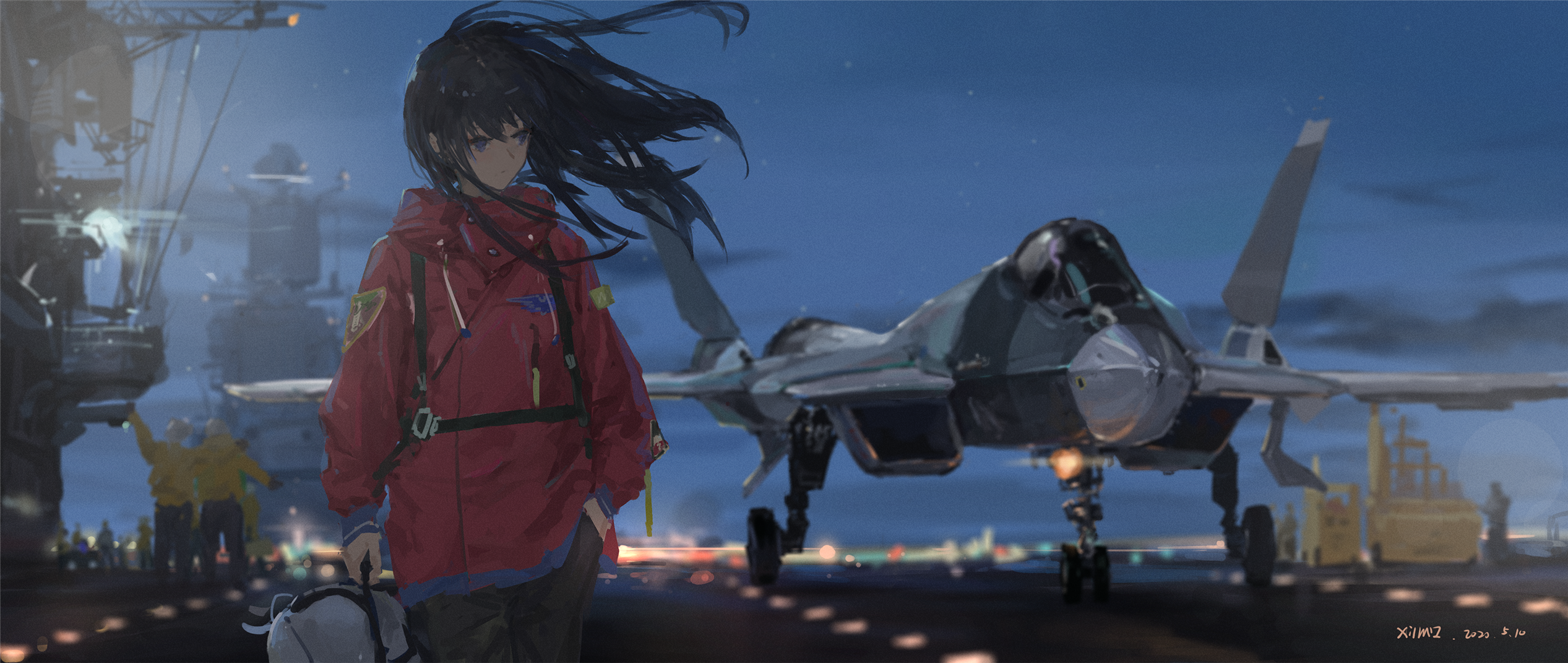 Anime girl on aircraft carrier with Sukhoi Su-57 HD Wallpaper