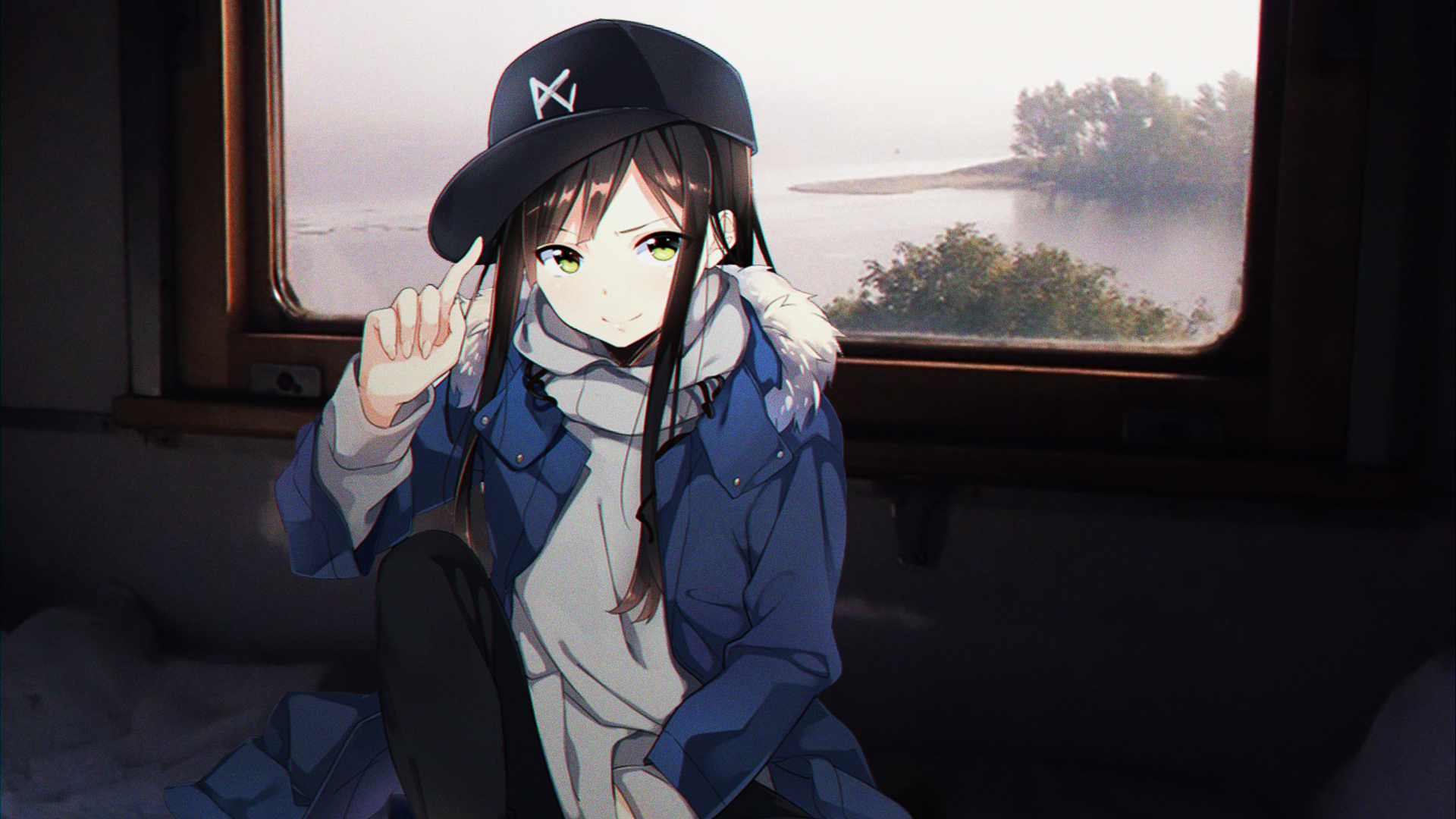 Anime girl in a train with a cap HD Wallpaper