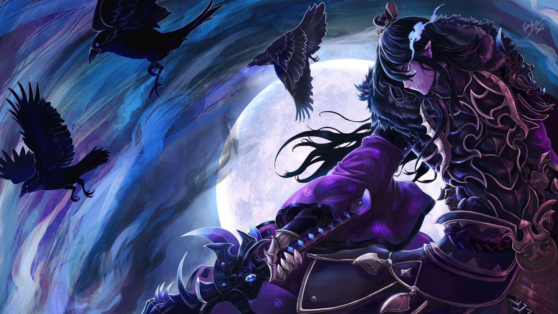 Fantasy man with crows and moon HD Wallpaper