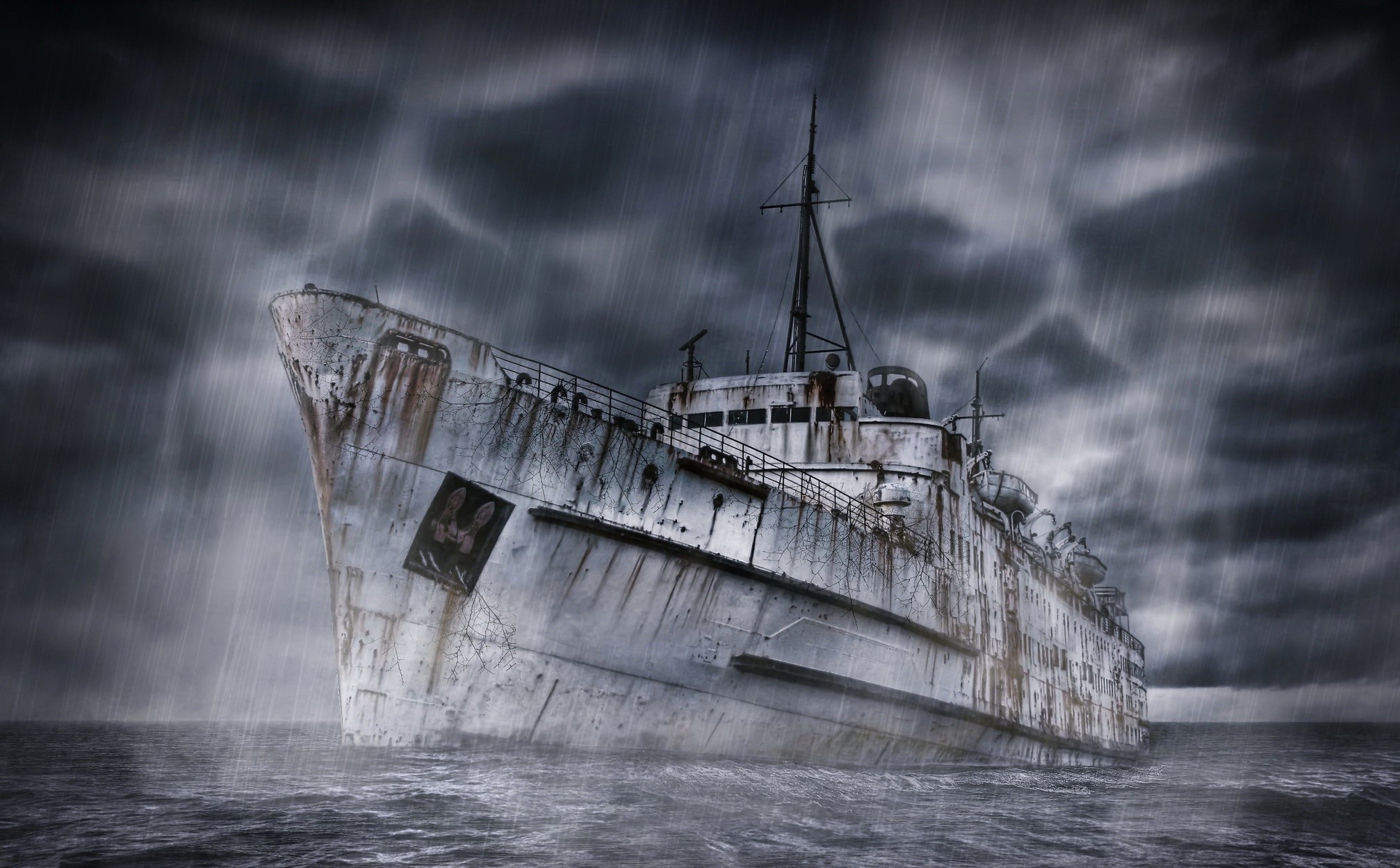 Ghost ship sailing in a stormy sea HD Wallpaper