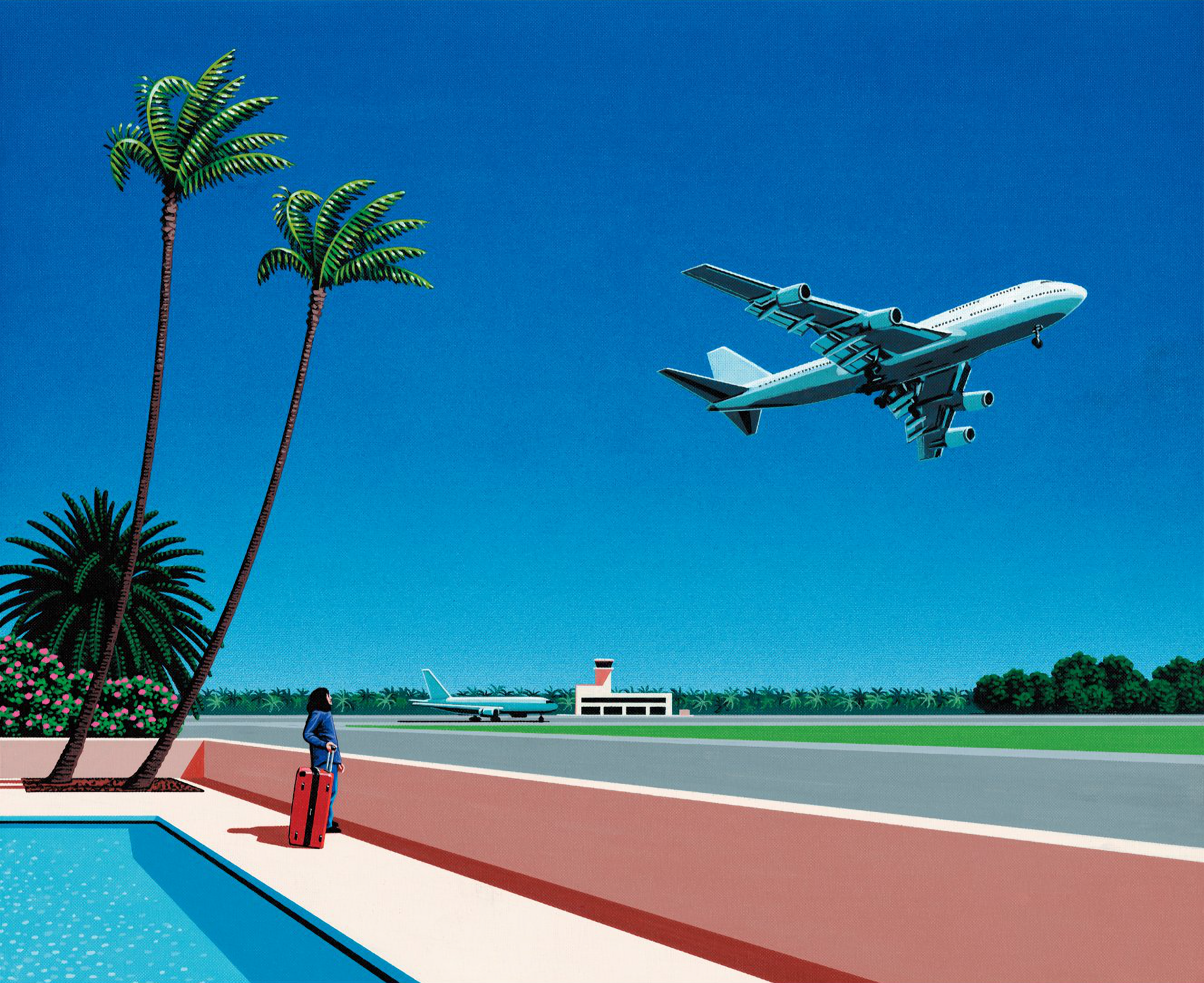 Hiroshi Nagai Retrowave Tropical Airport Scene HD Wallpaper