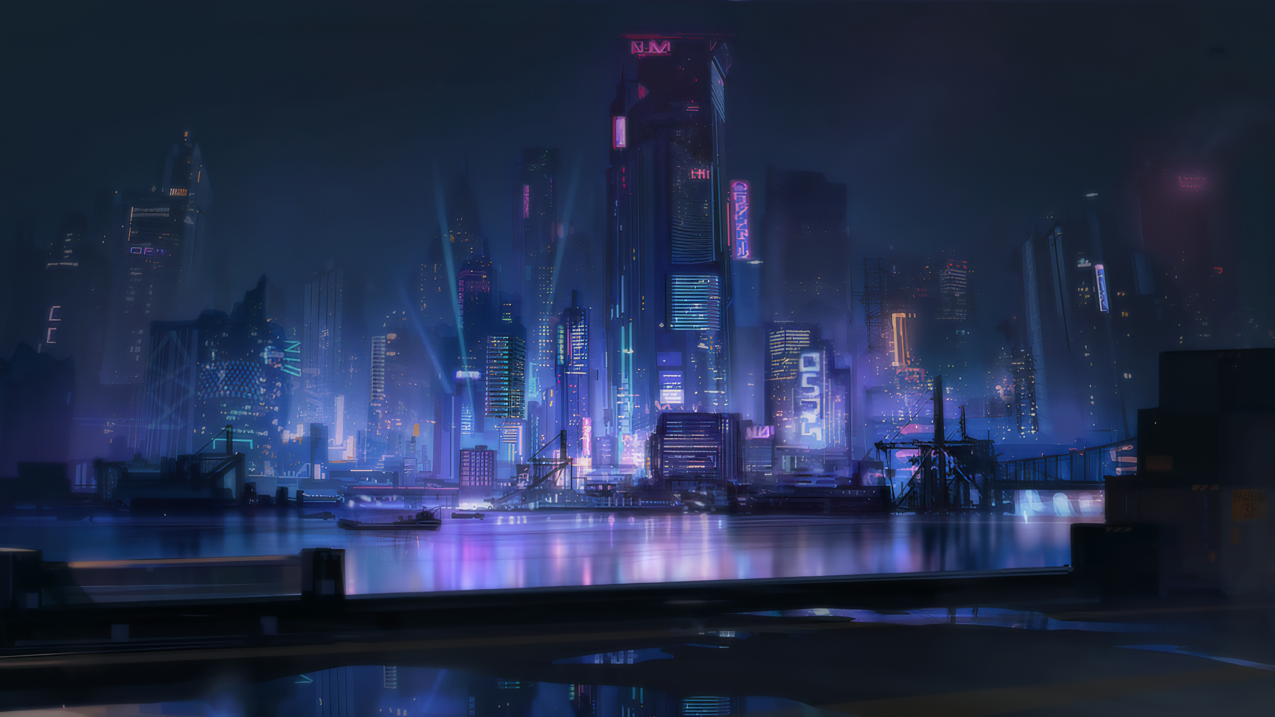Futuristic city skyline at night with neon lights HD Wallpaper