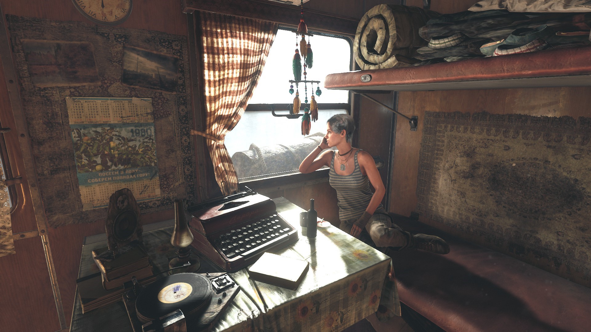 Woman in train compartment with typewriter and record player HD Wallpaper