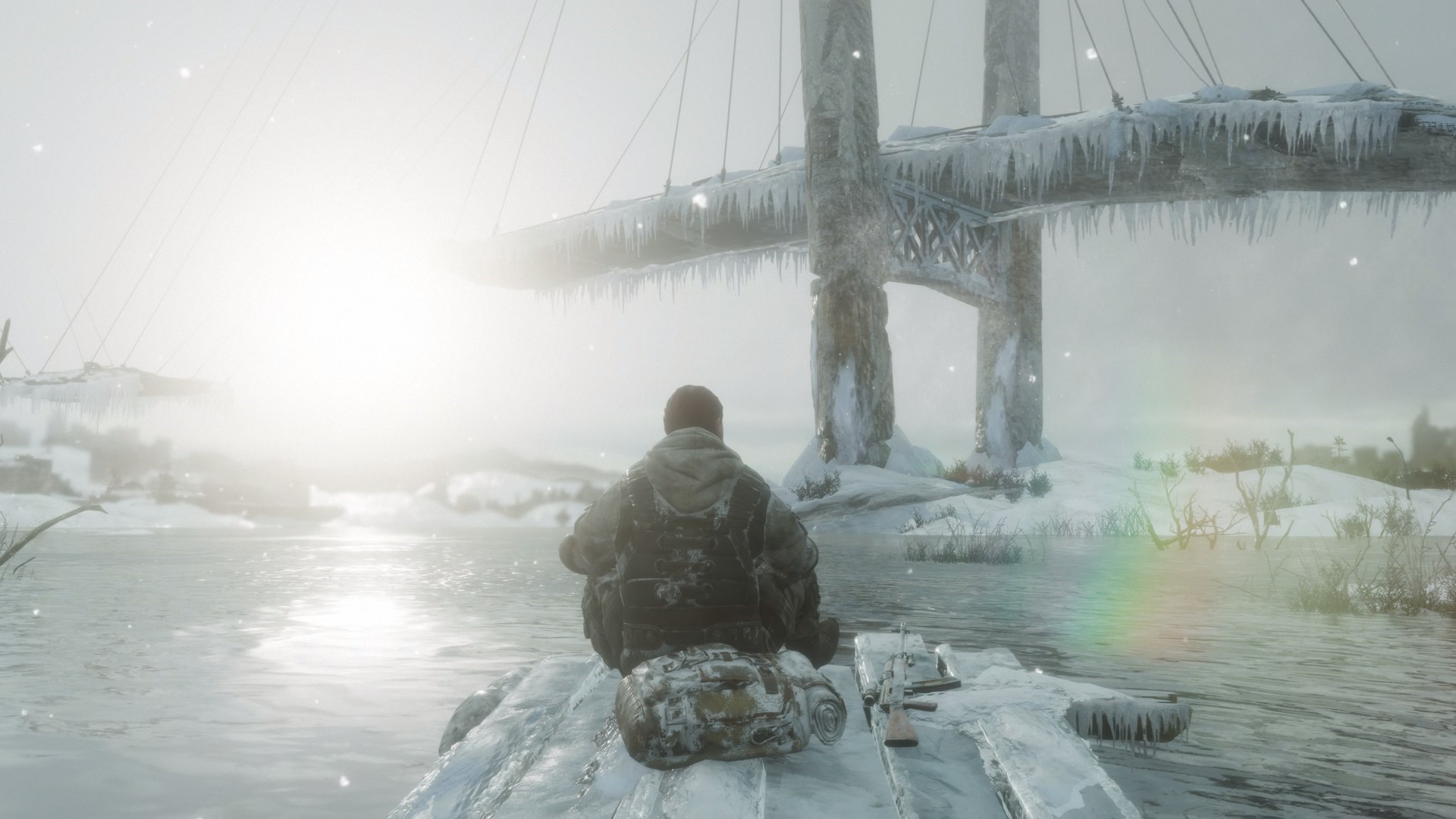 Man sitting on a frozen dock with a rifle in Metro Exodus HD Wallpaper