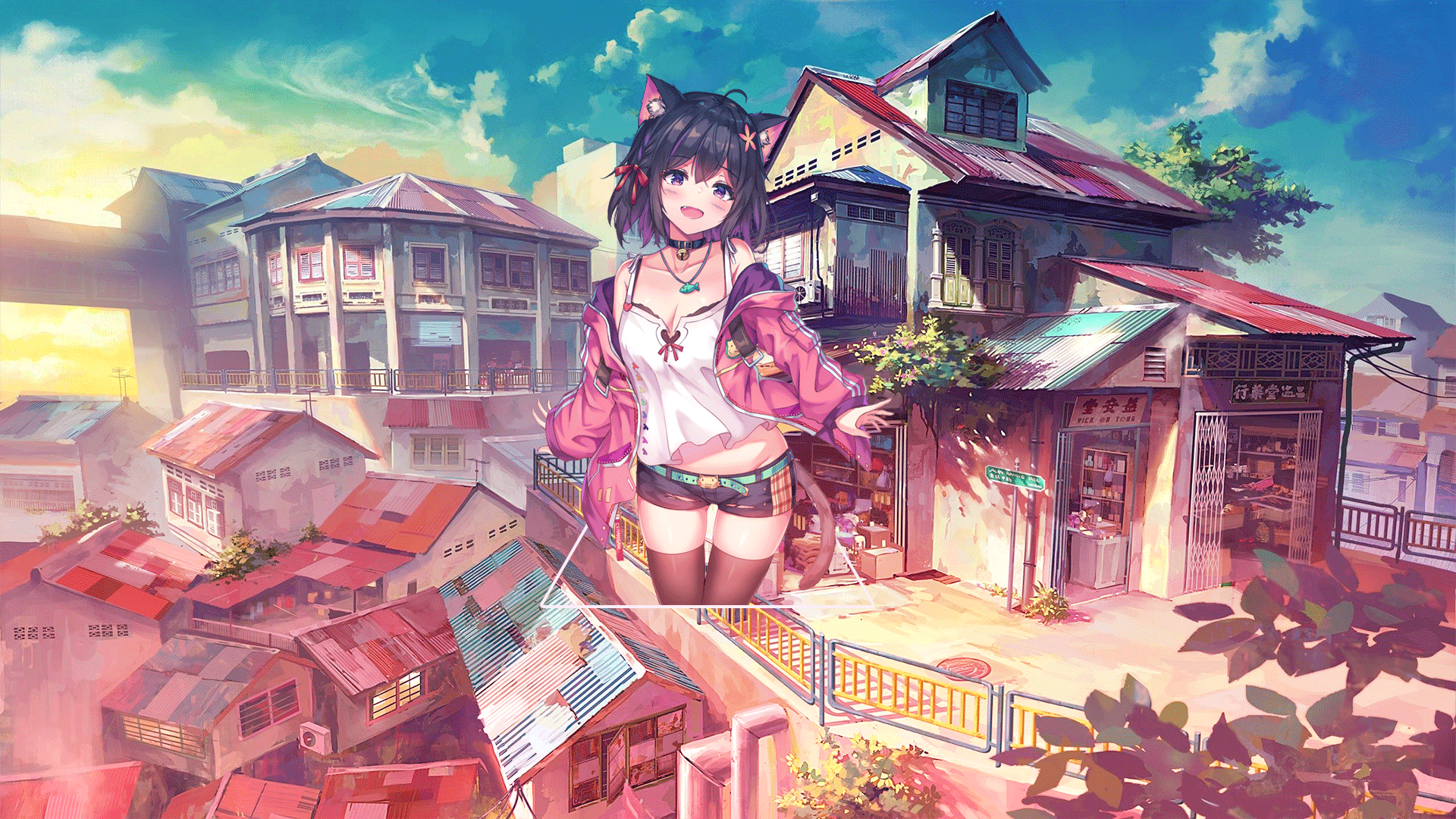Anime girl with neko ears in a city HD Wallpaper