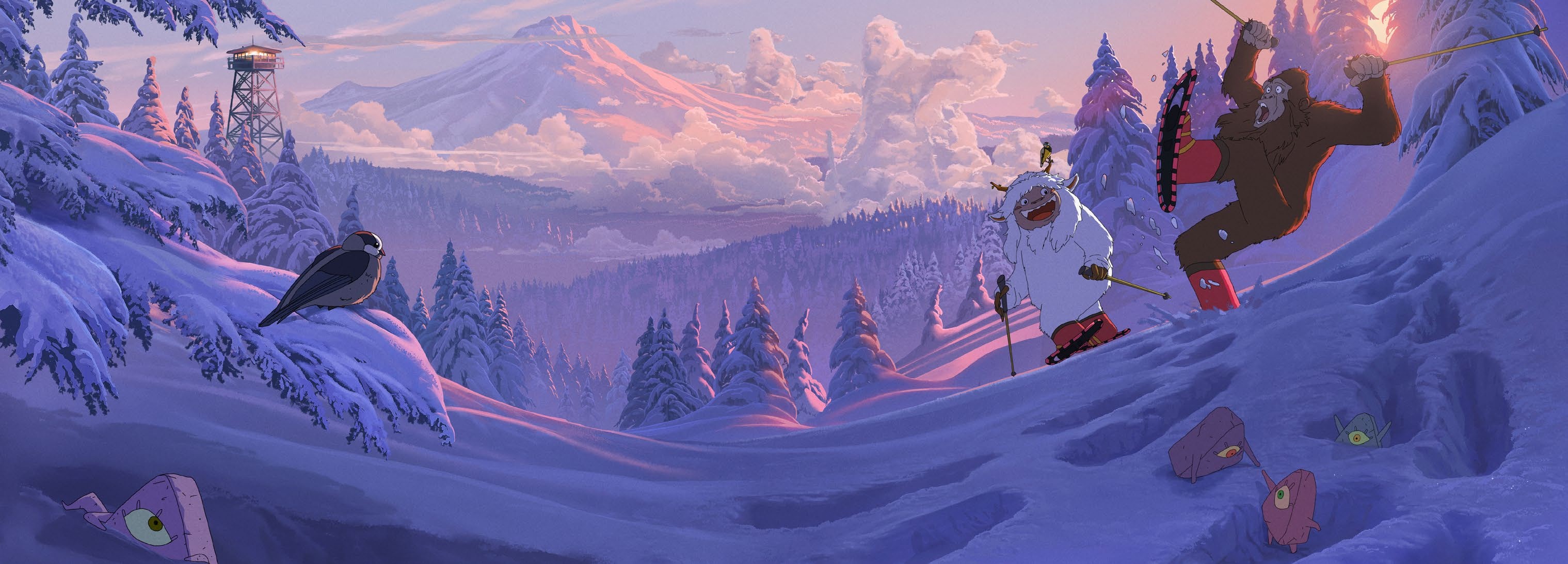 Yeti and Sasquatch skiing in snowy mountains HD Wallpaper
