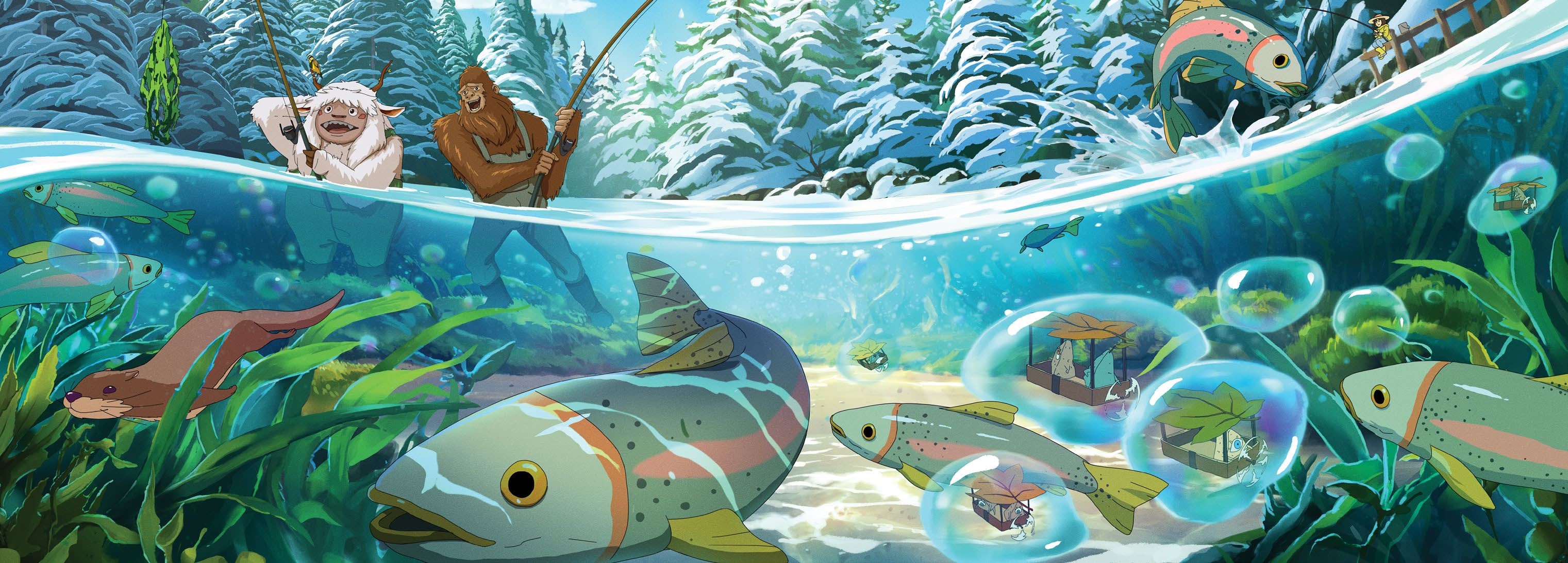 Sasquatch and Yeti fishing in a snowy forest stream HD Wallpaper