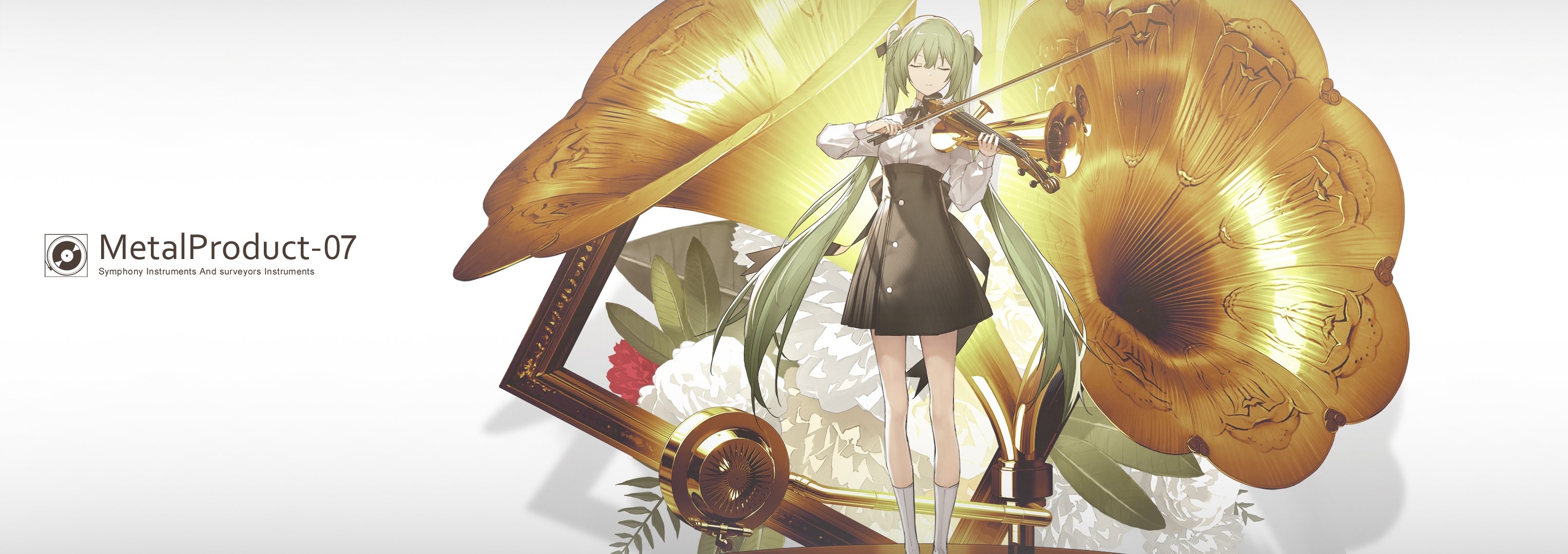 Hatsune Miku playing violin with phonographs HD Wallpaper