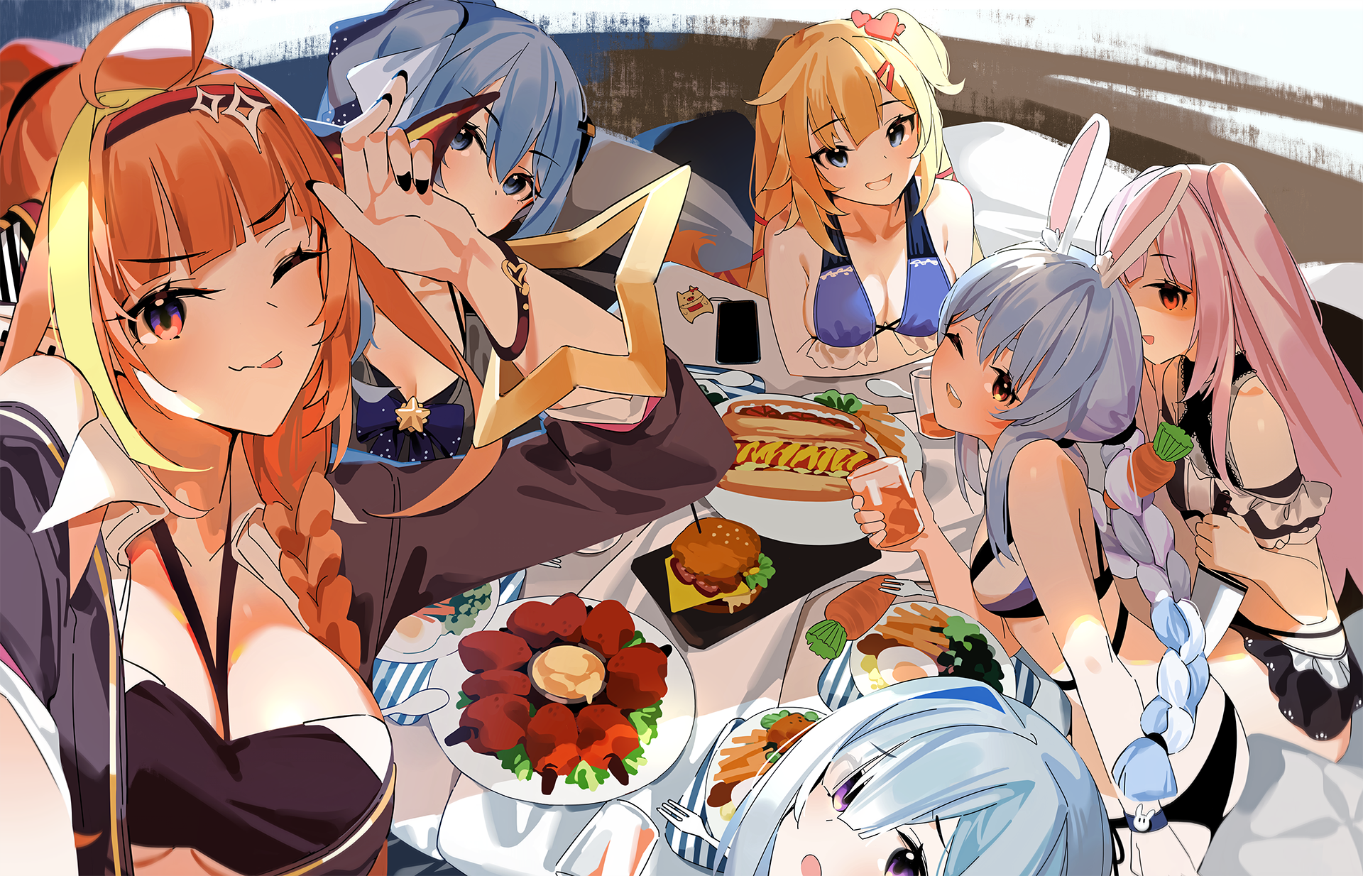 Hololive girls eating at a table HD Wallpaper