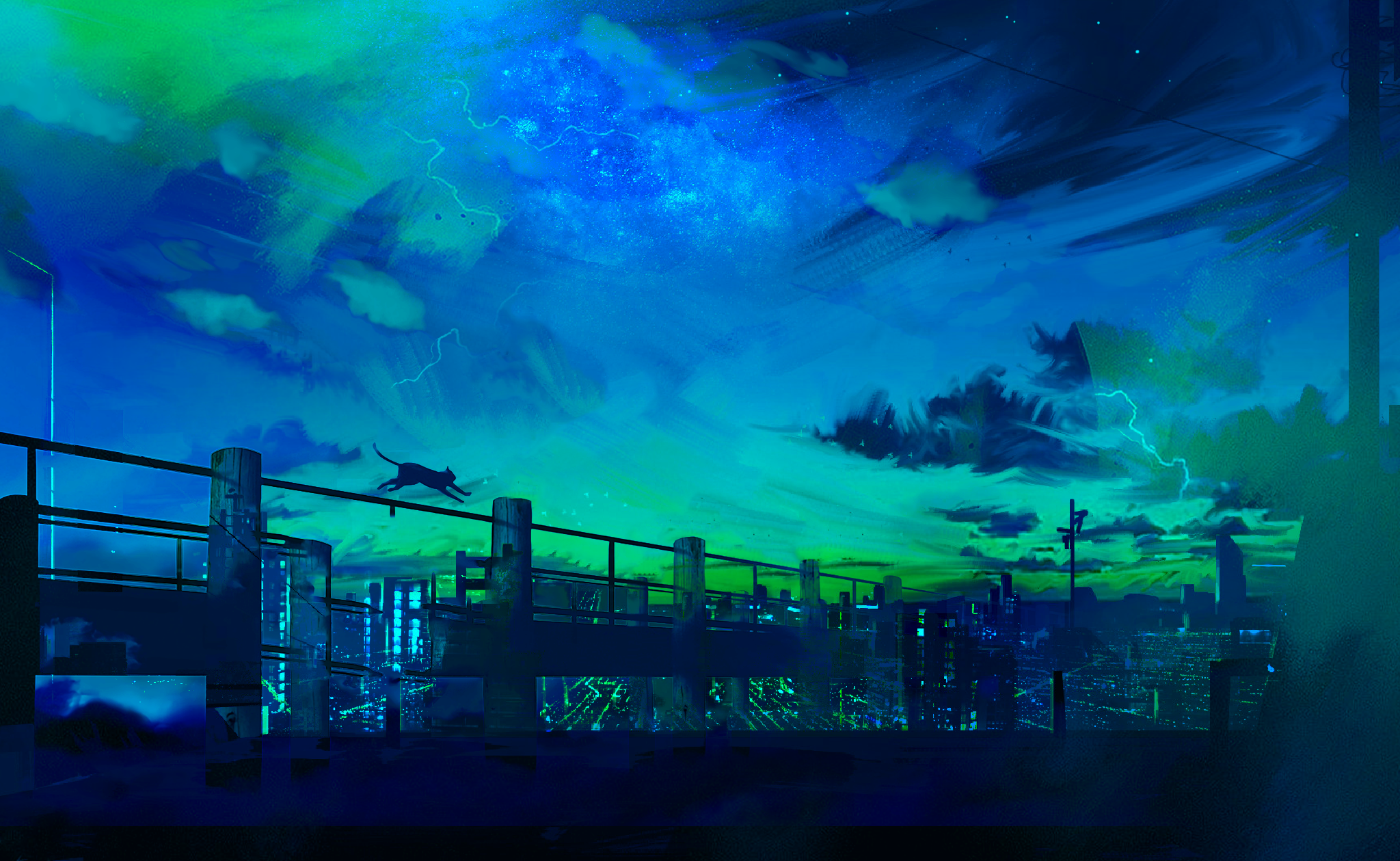 Cat running on a railing overlooking a futuristic city at night HD Wallpaper