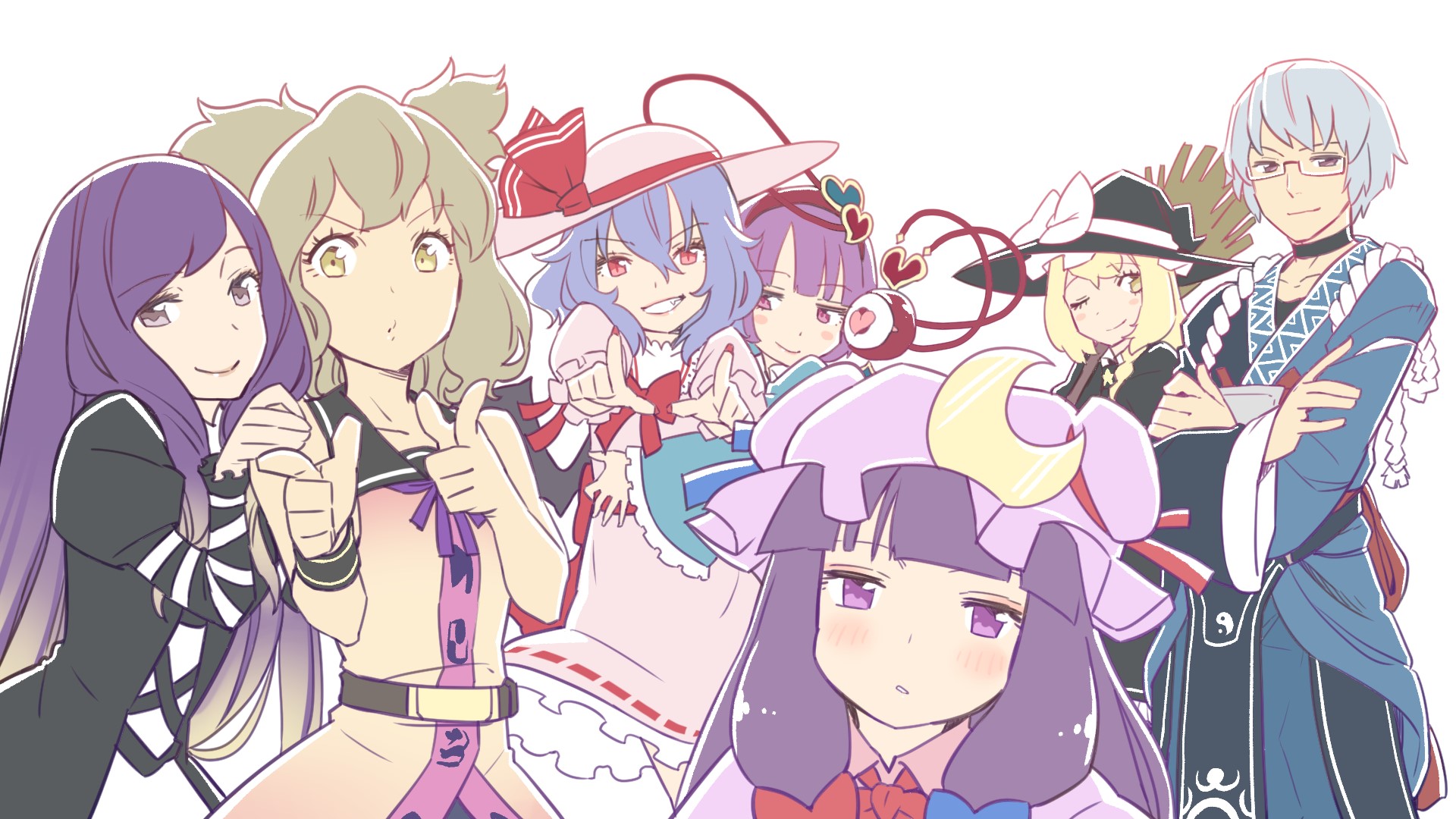 Touhou characters: Satori, Remilia, Patchouli, Miko, Rinnosuke HD Wallpaper