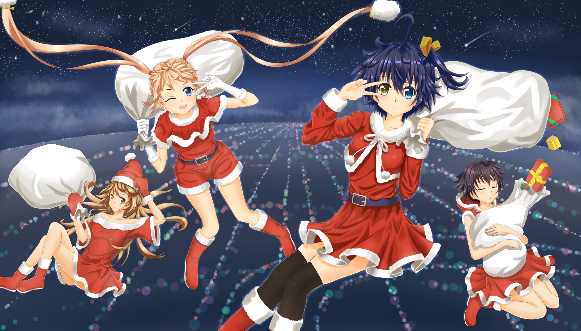 Girls in Santa Outfits with Gift Bags HD Wallpaper