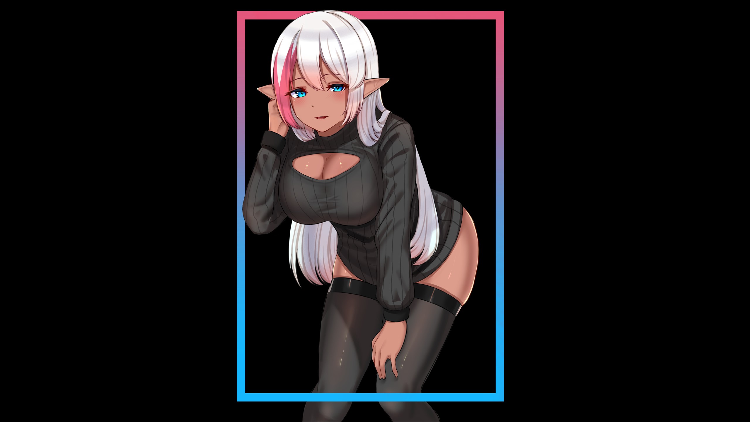 Dark Elf with white and pink hair in a black sweater HD Wallpaper