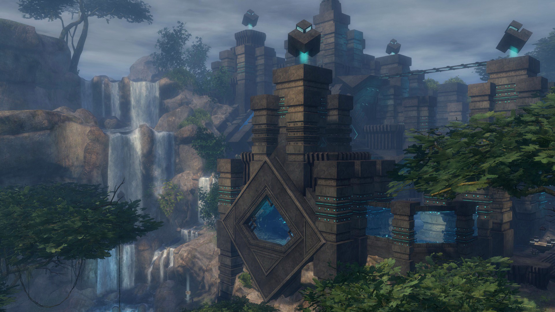 Guild Wars 2 fantasy art with waterfalls and ancient structures HD Wallpaper