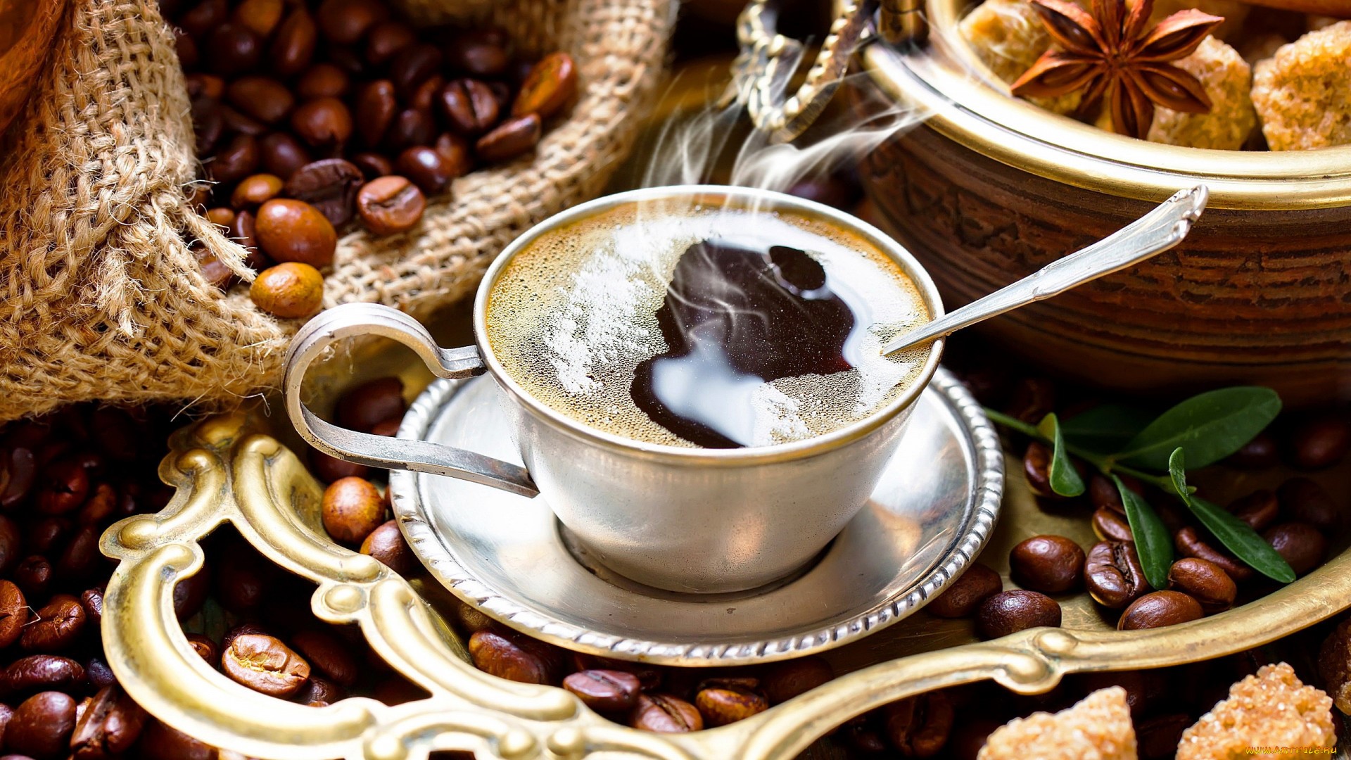 Cup of hot coffee with coffee beans and sugar cubes HD Wallpaper