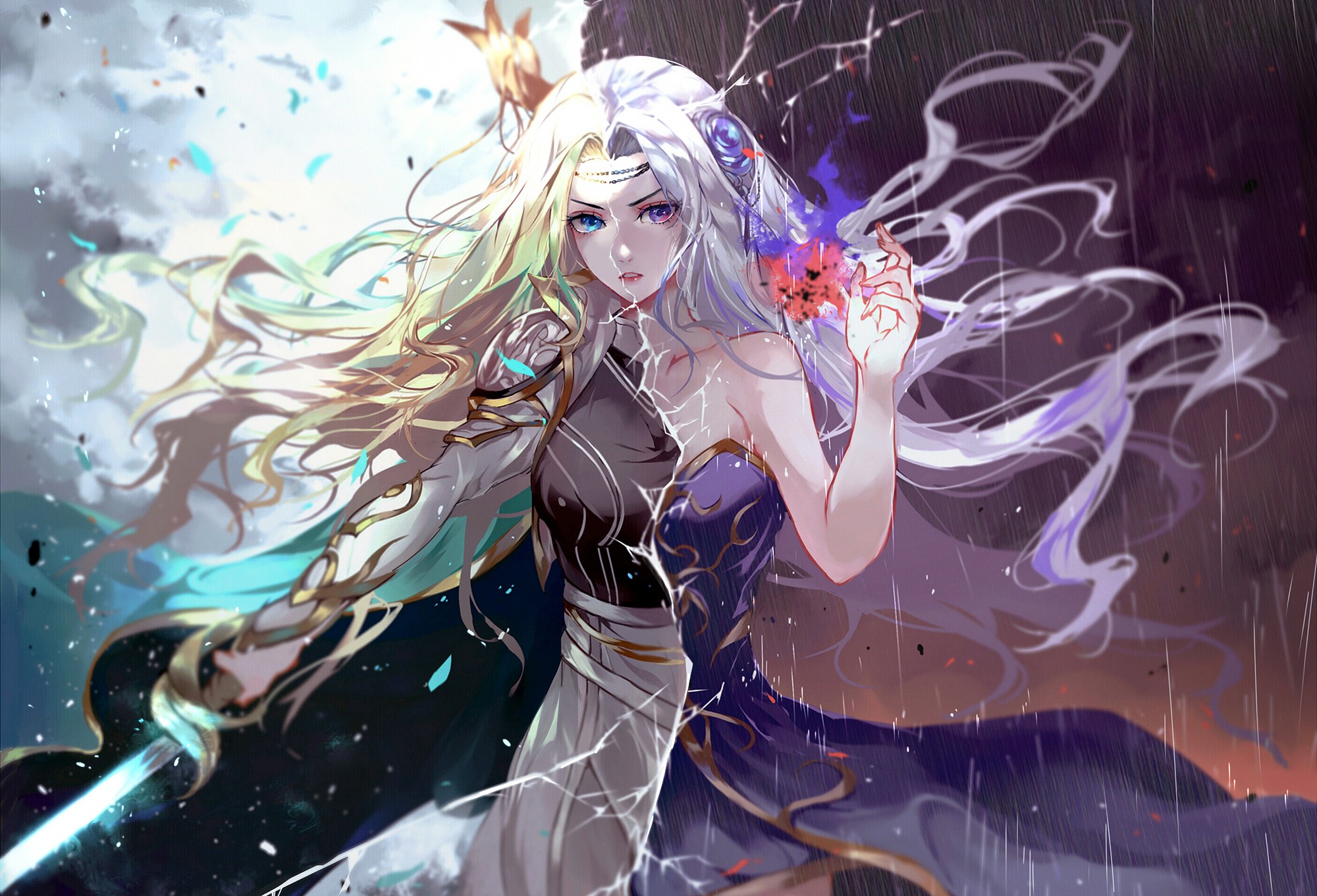 Anime girl with dual-colored hair and sword HD Wallpaper
