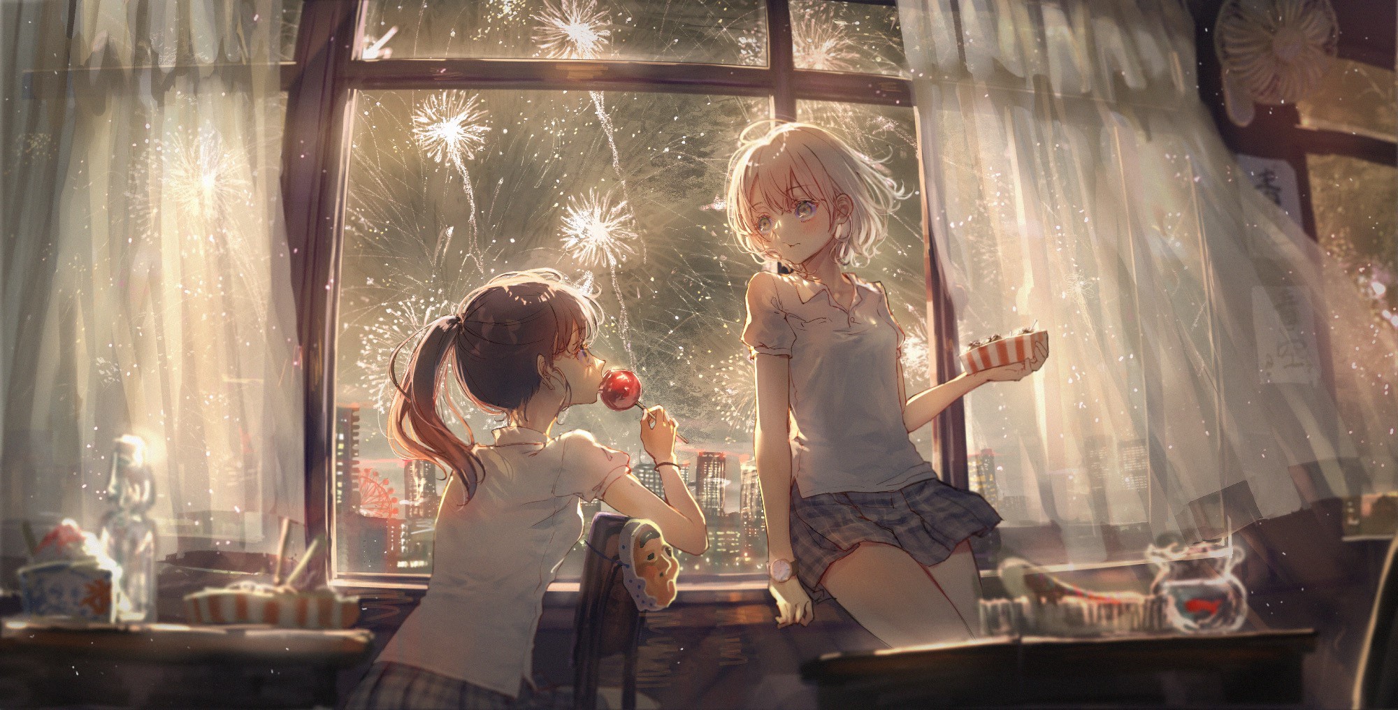 Anime girls watching fireworks from a window HD Wallpaper