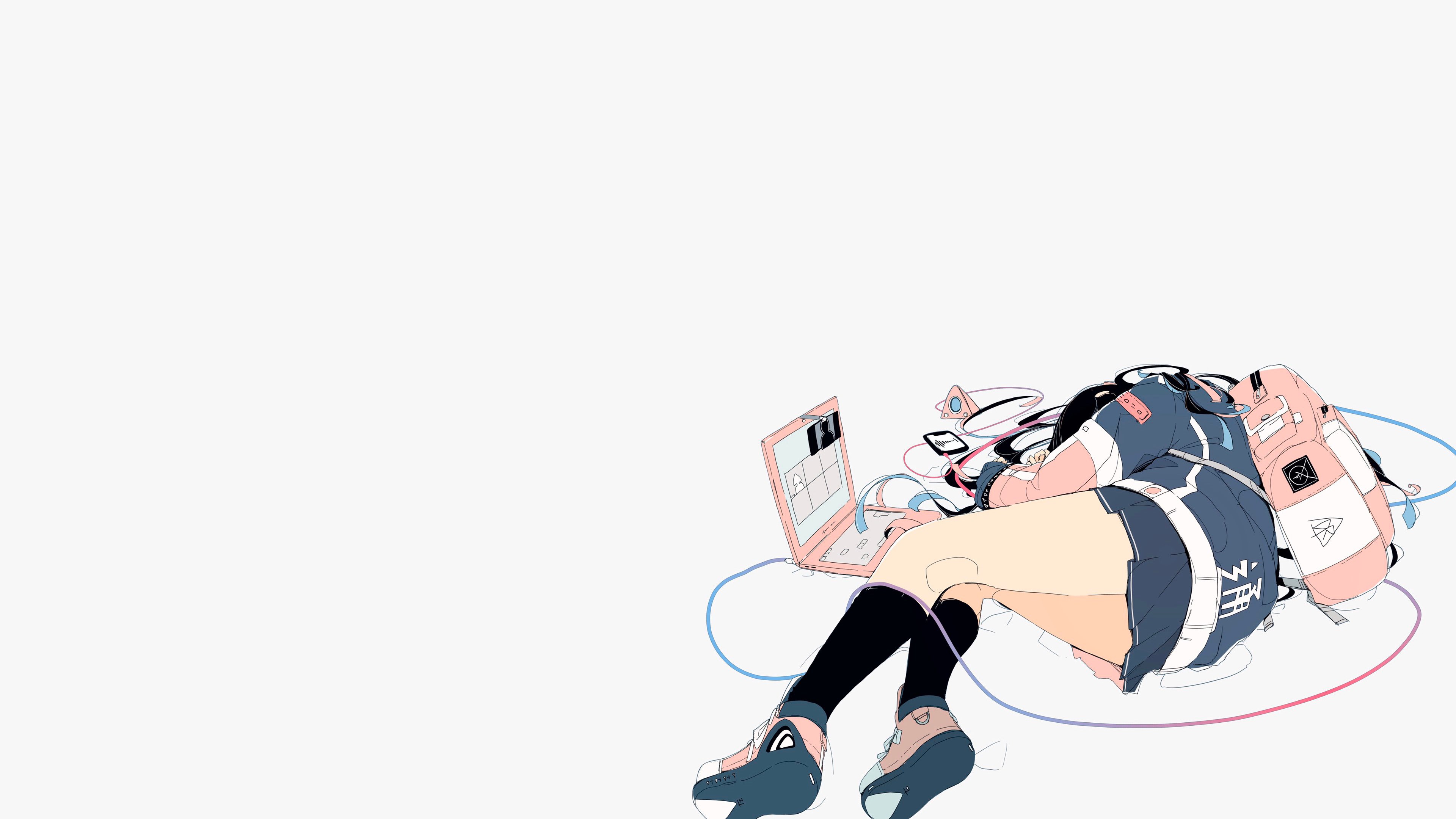 Anime girl with laptop and backpack HD Wallpaper