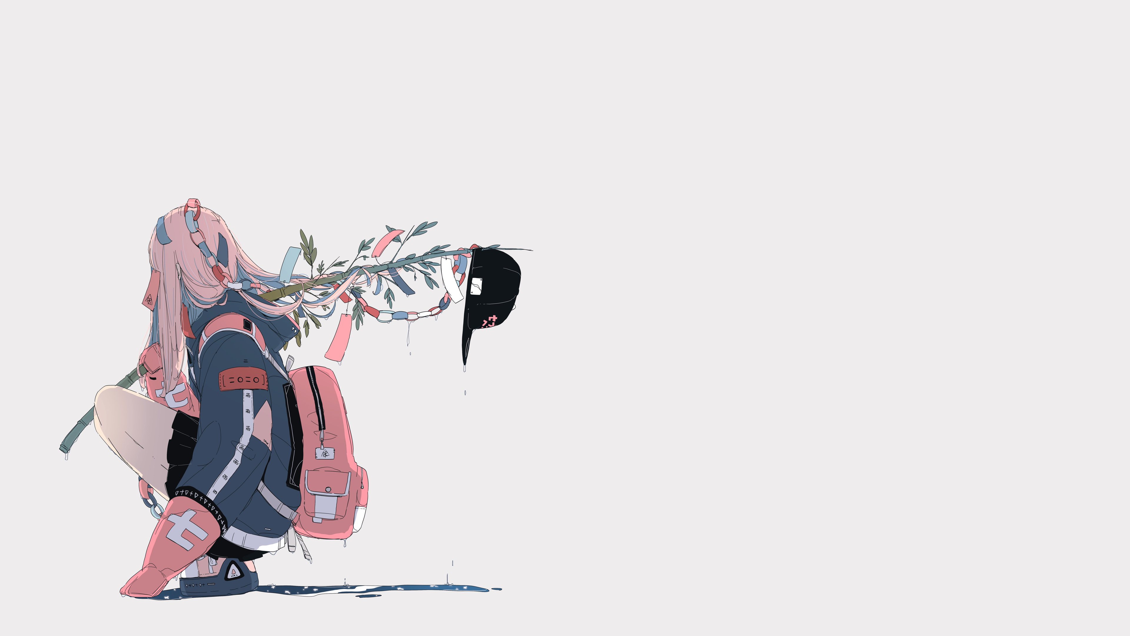 Anime girl with pink hair and backpack HD Wallpaper