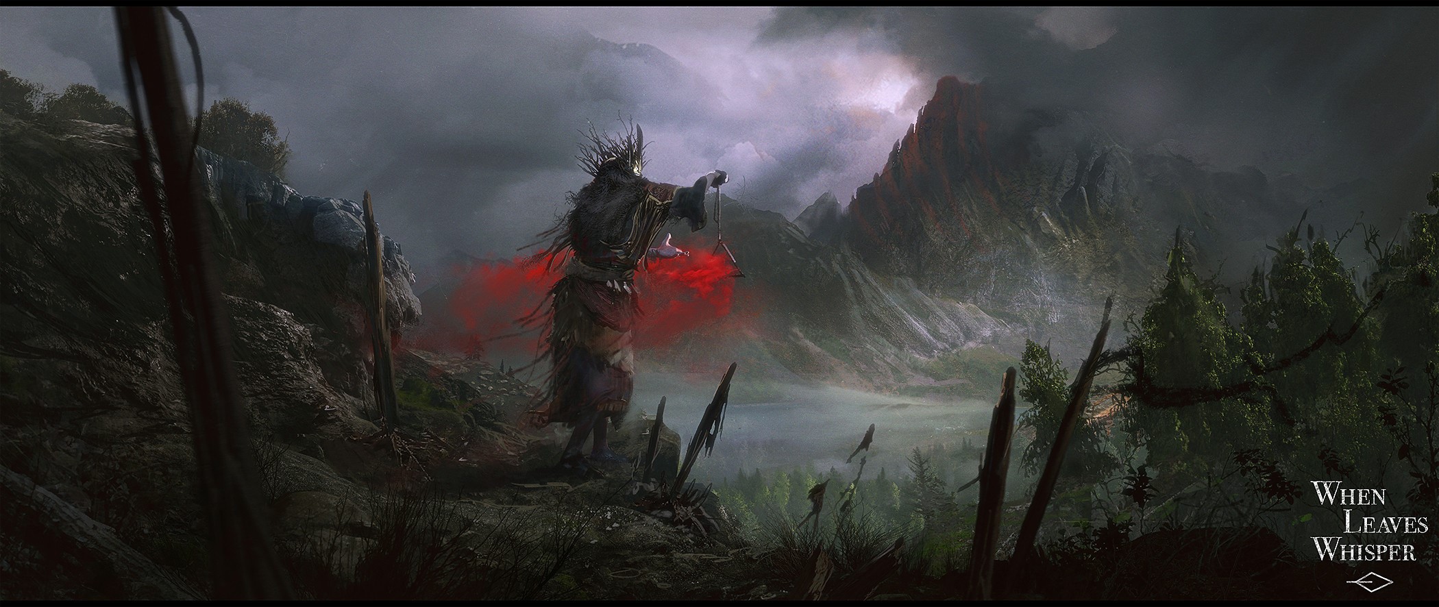 Fantasy art of a figure performing a ritual in mountains HD Wallpaper