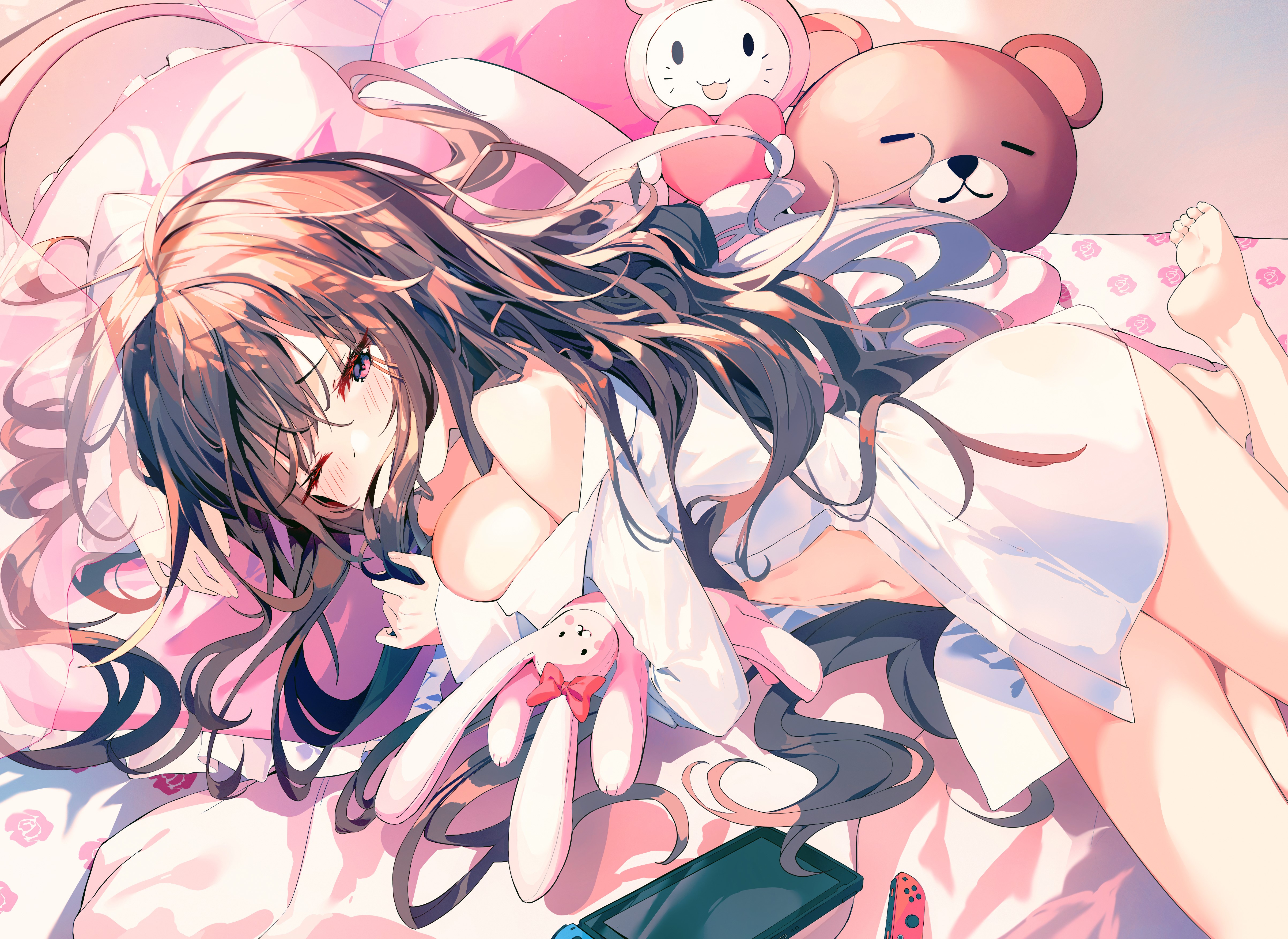 Anime girl with long hair in bed with plush toys HD Wallpaper