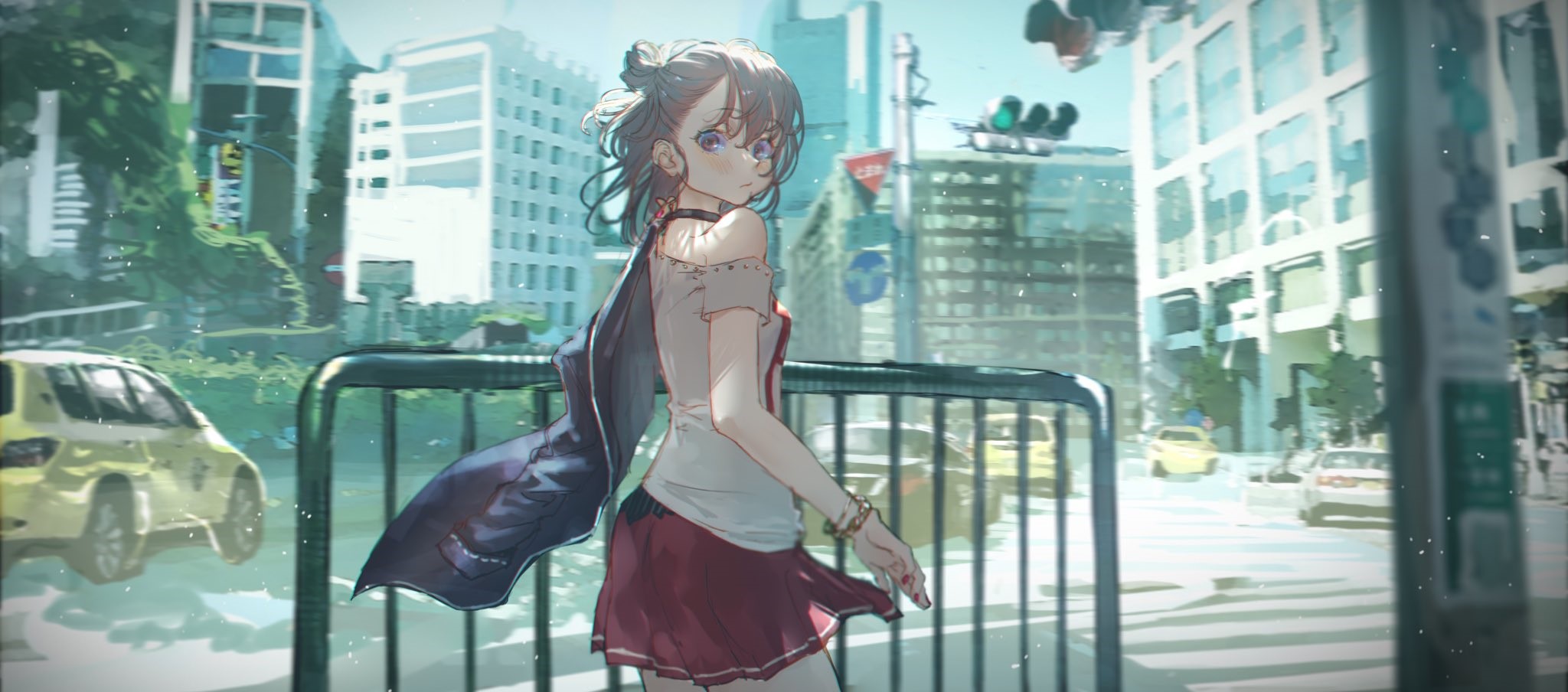 Anime girl in a city street HD Wallpaper
