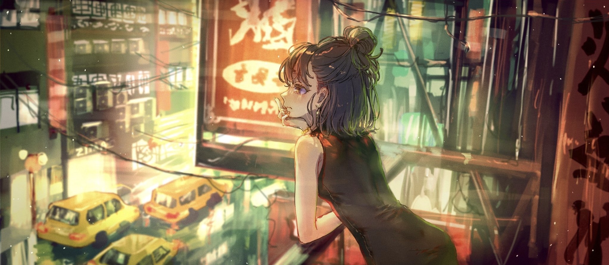 Anime girl looking out over a city street with traffic HD Wallpaper