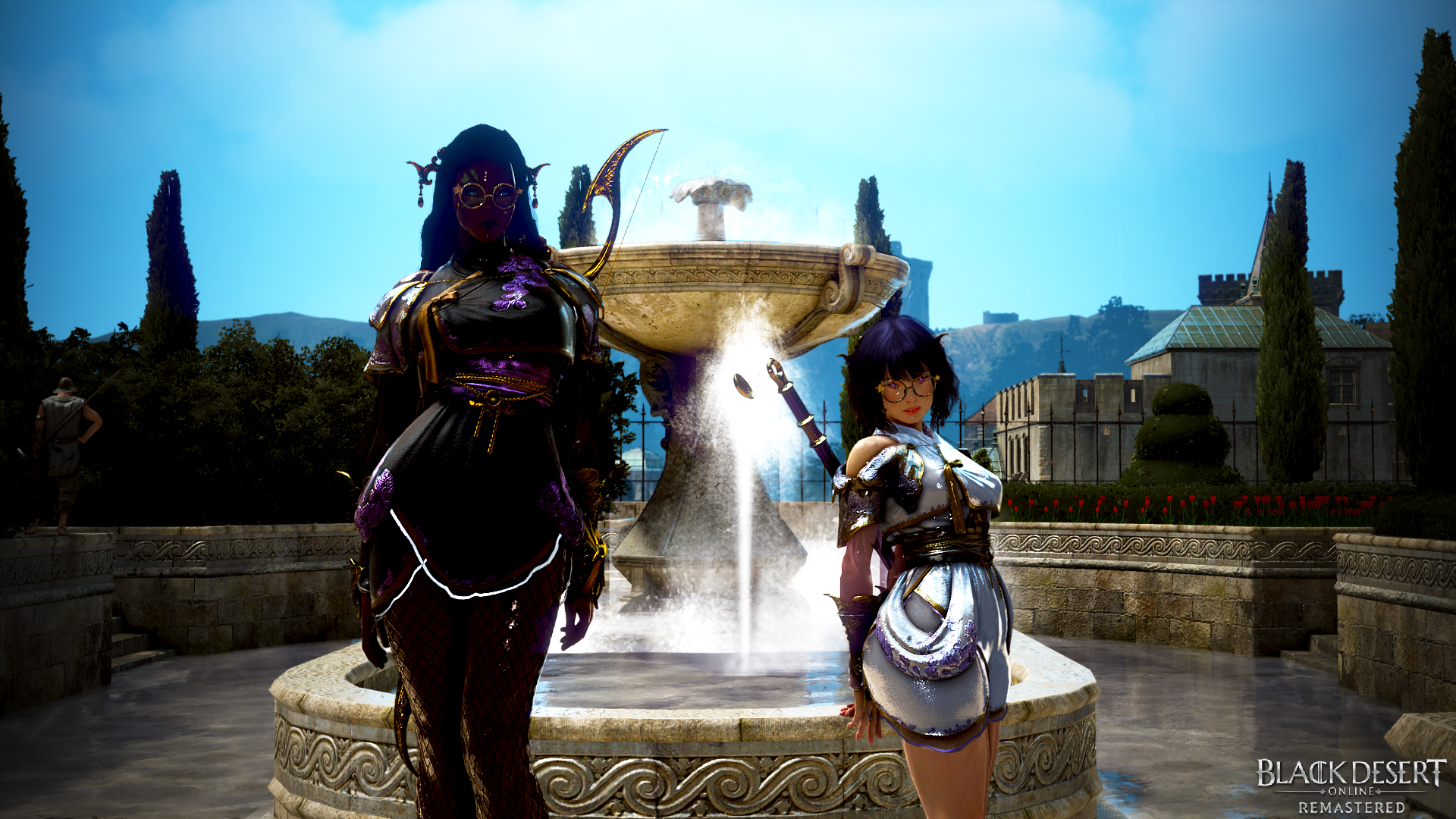 Two female characters in Black Desert Online by a fountain HD Wallpaper