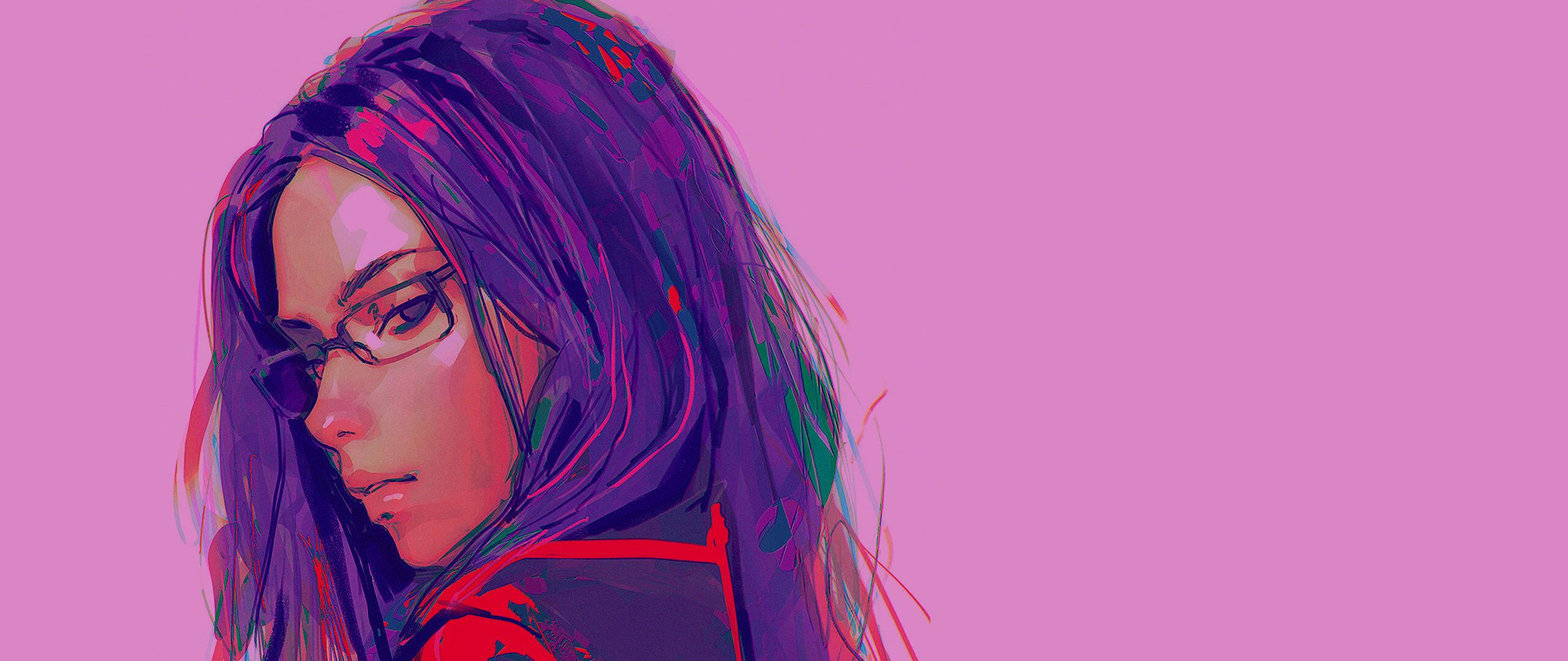 Anime girl with purple hair and glasses by Ilya Kuvshinov HD Wallpaper
