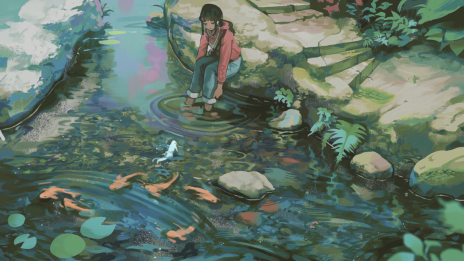 Girl with earbuds by a stream with koi fish HD Wallpaper