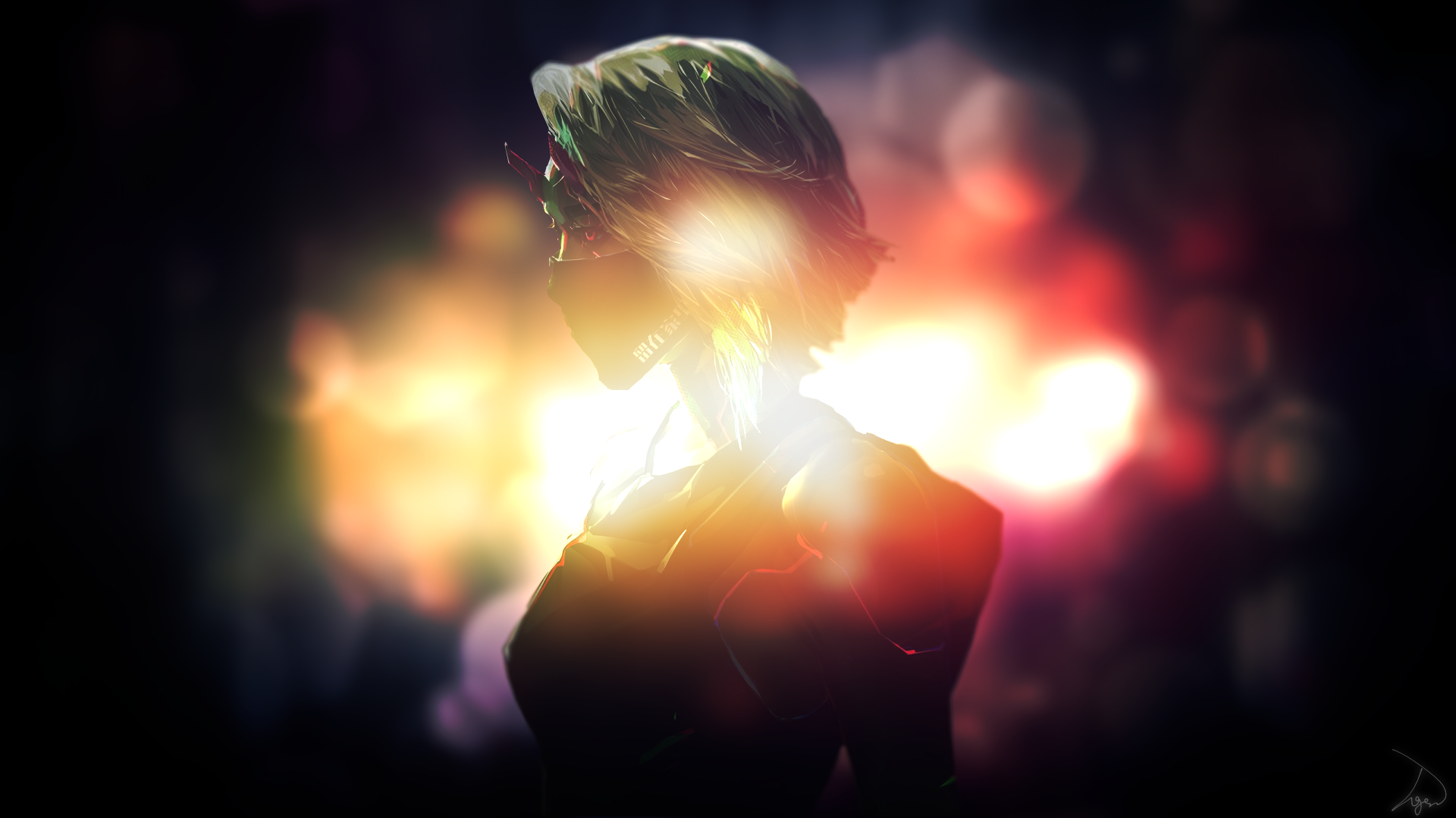 Cyberpunk character with mask and glowing lights HD Wallpaper