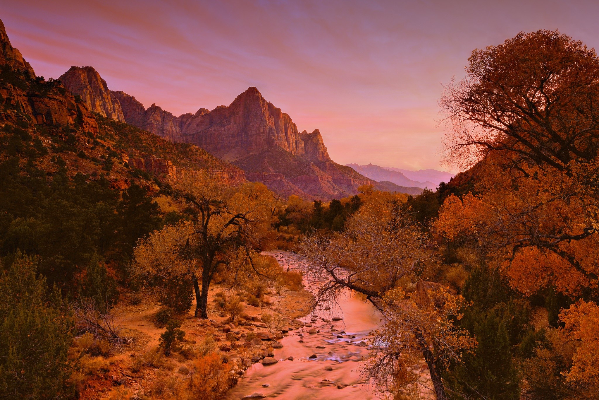 Autumn trees and river in a mountain valley at sunset HD Wallpaper