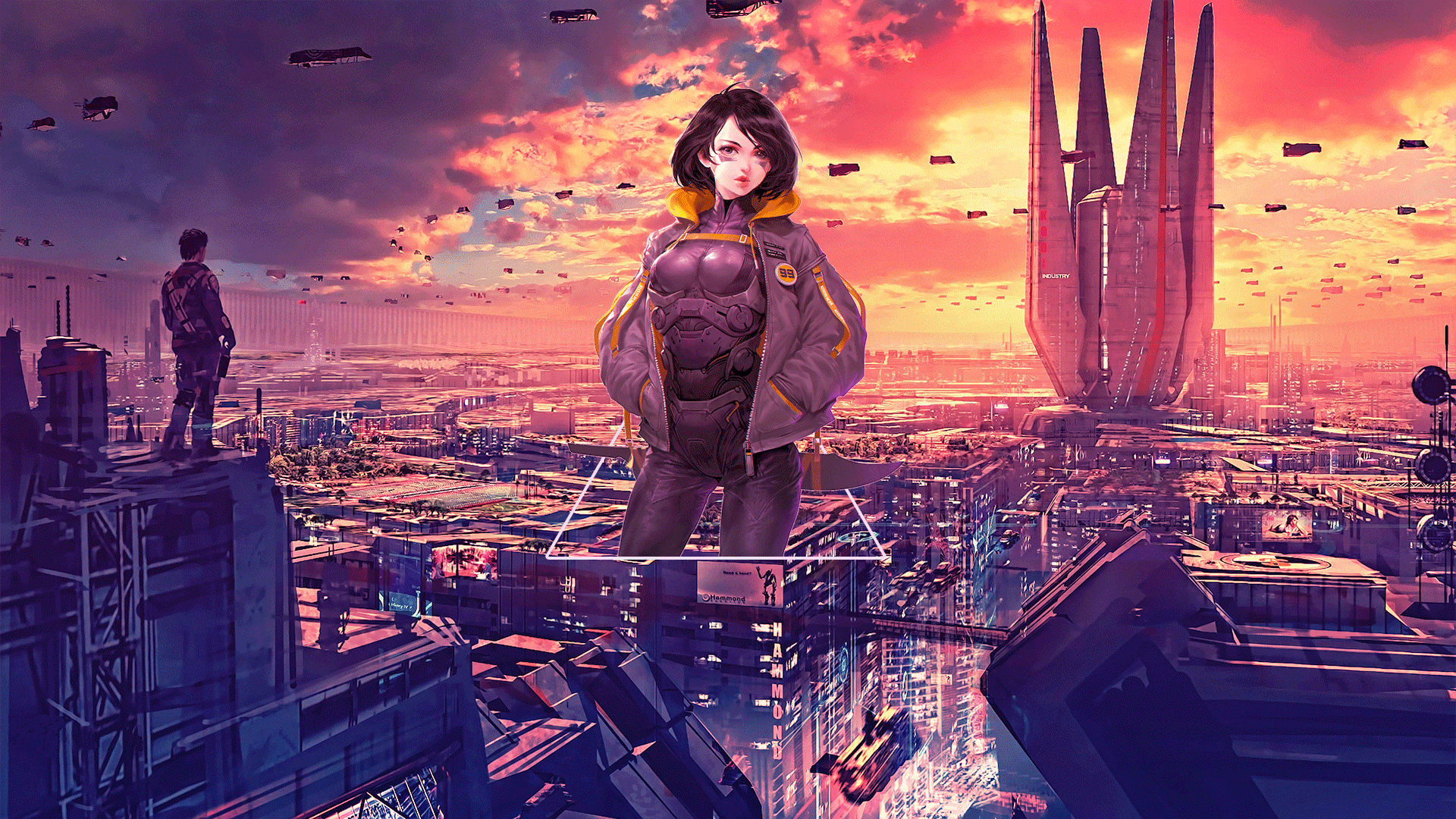 Anime girl and man in futuristic city HD Wallpaper