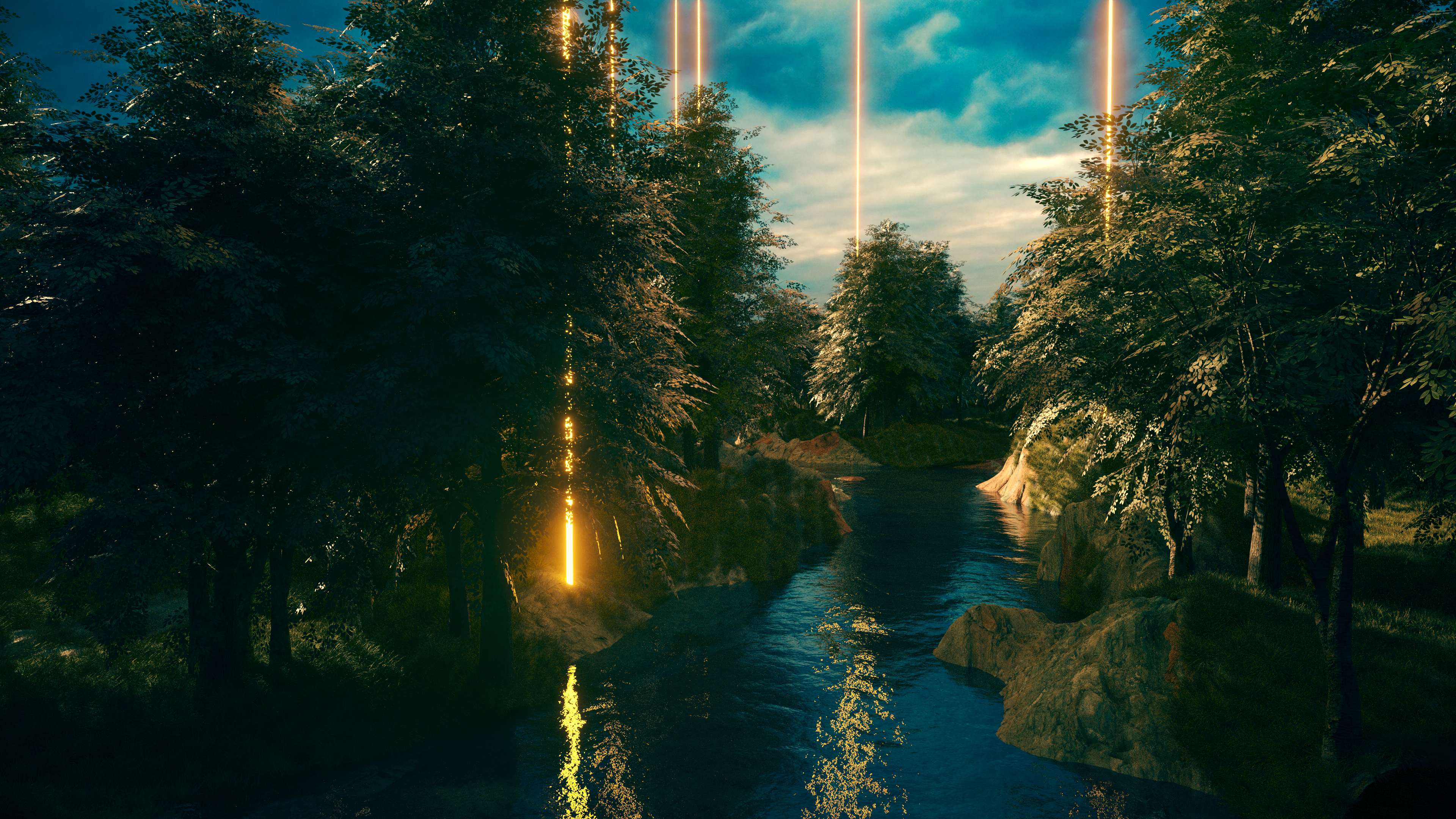 4K nature scene with glowing beams HD Wallpaper