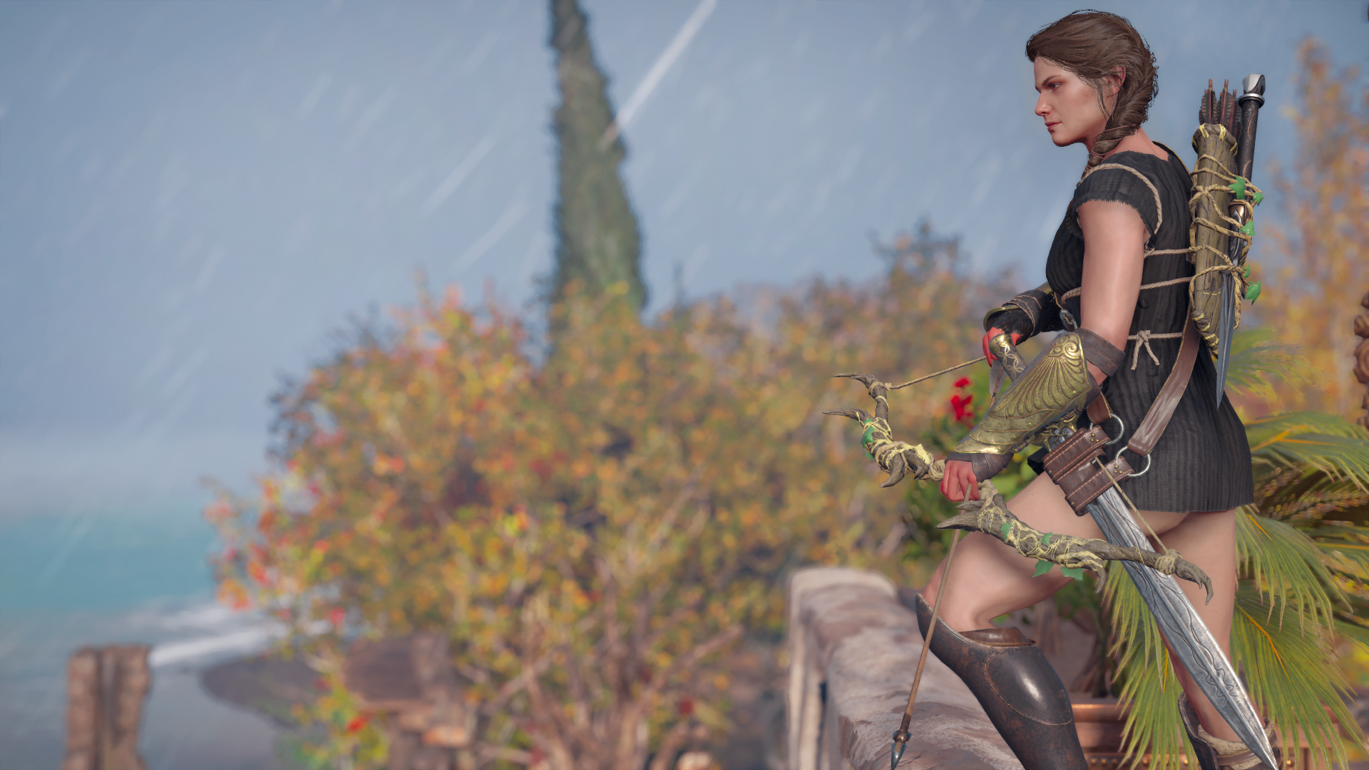 Kassandra from Assassins Creed Odyssey with Bow and Sword HD Wallpaper